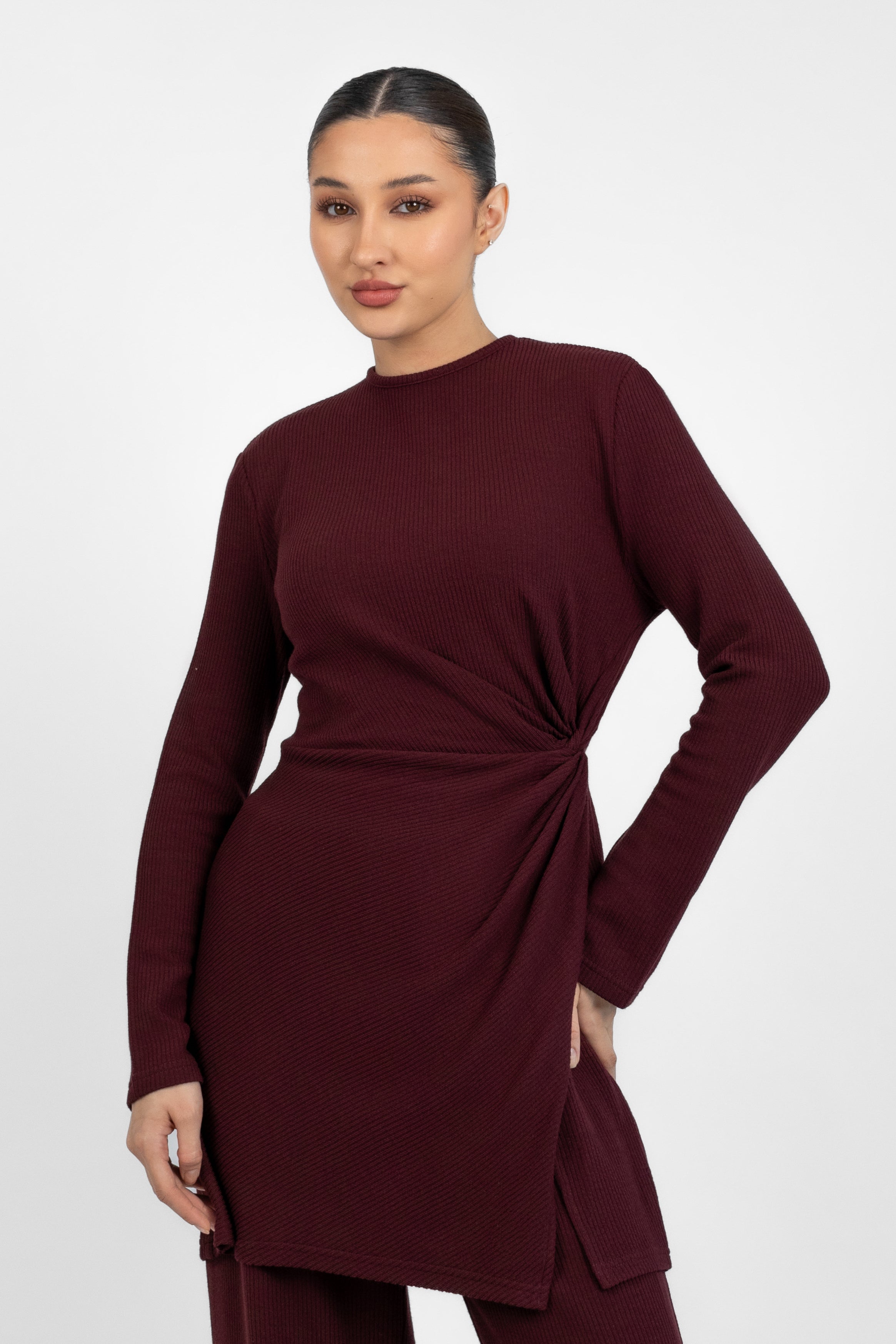 Knit Side Twist Top - Black Cherry