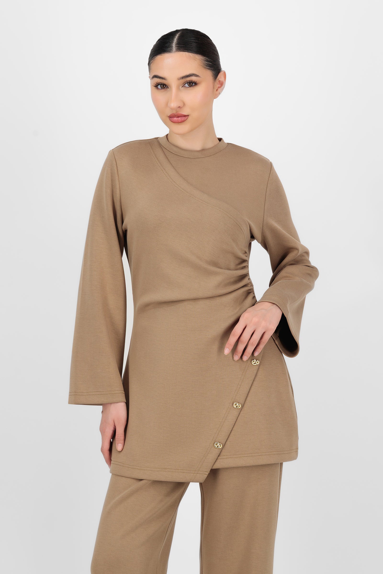 Alternate front pose of the Buttery Side Ruched Tunic in Toffee, capturing the soft texture and effortless look that define elevated tunic clothing.