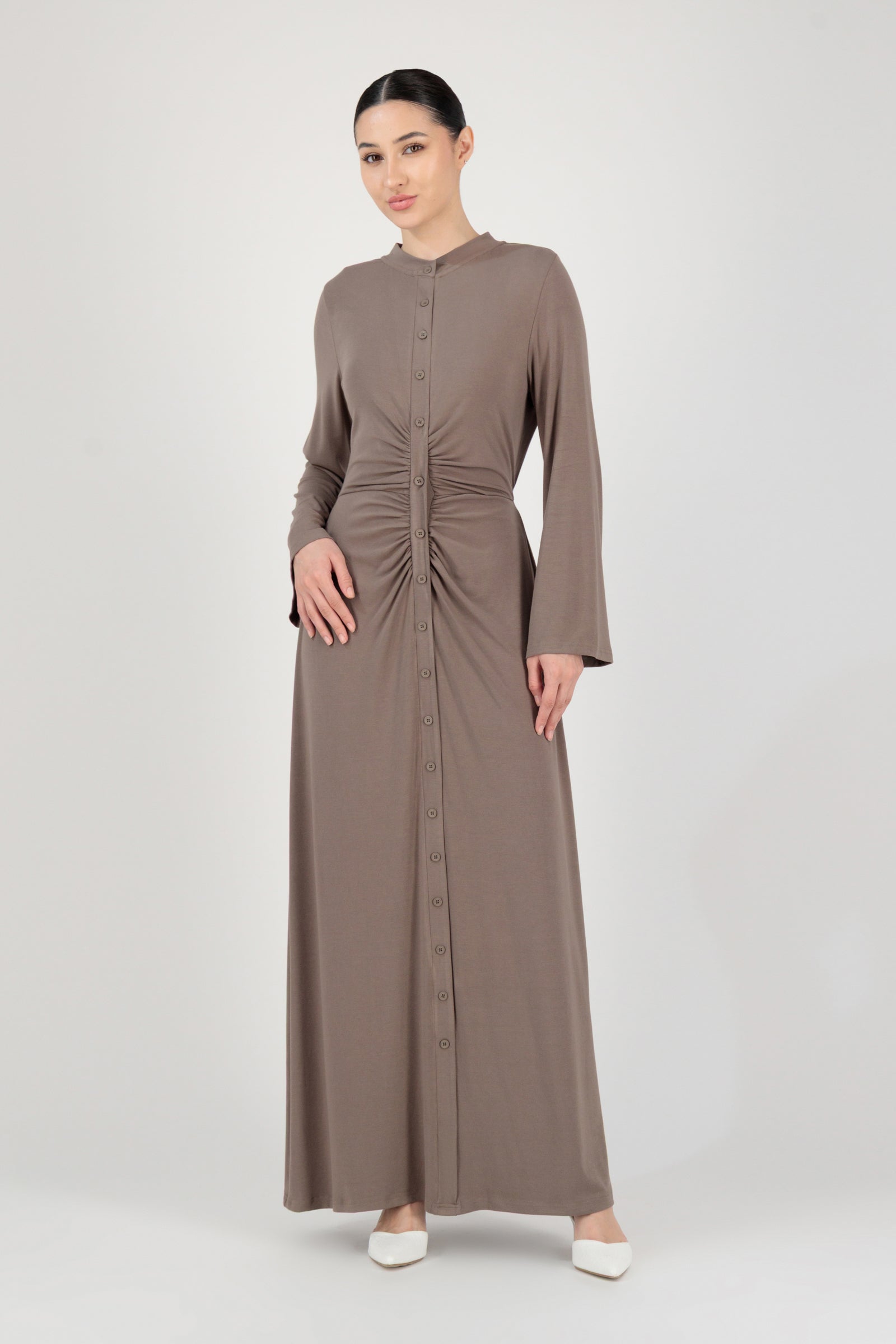 FARES Gathered Waist Knit Dress in Pebble shown from the front as an elegant knit dress with a soft long sleeve dress silhouette.
