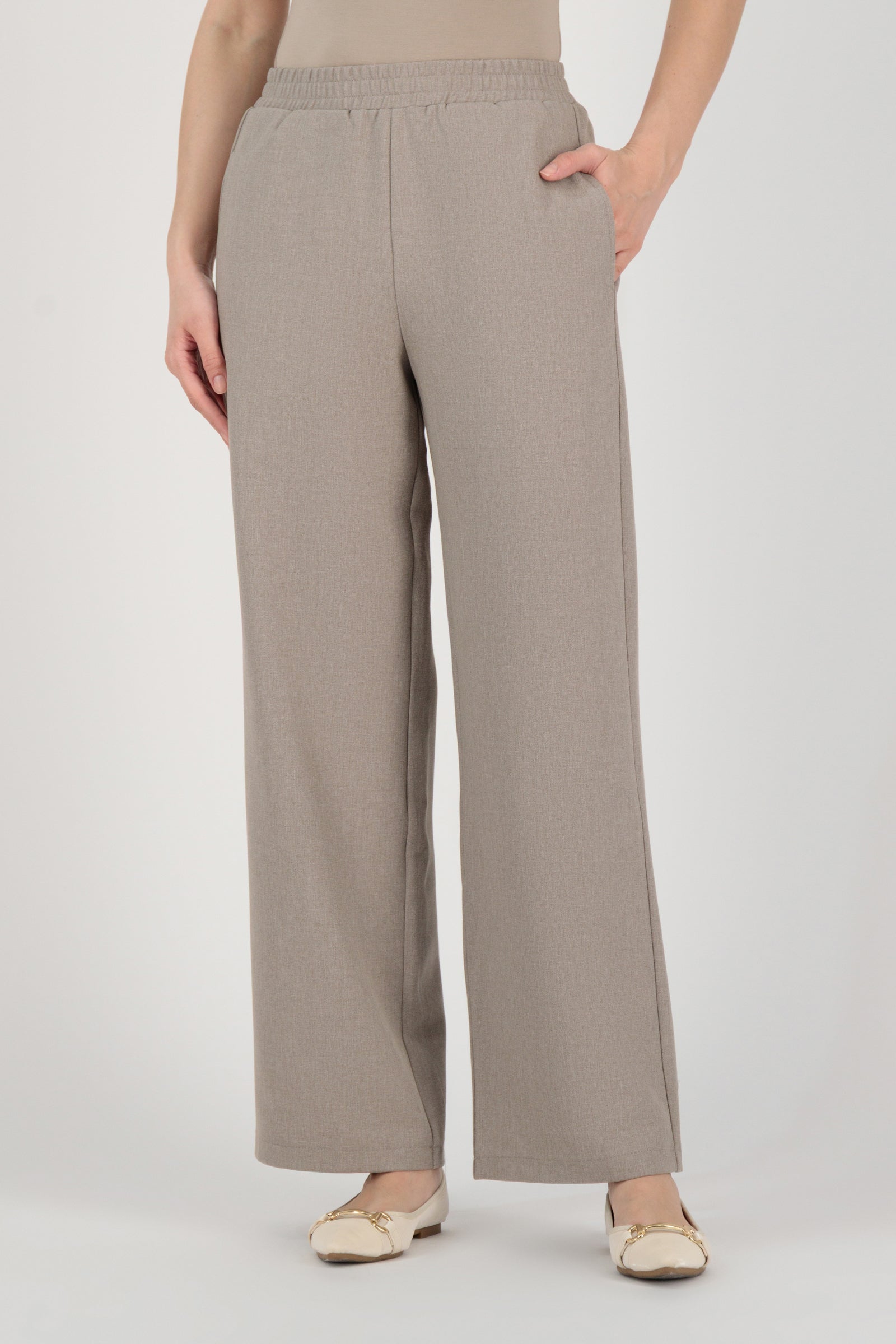 FARES Tailored Elastic Waist Pants in Stone shown from the front, presenting clean elastic waist pants with a relaxed wide leg pants silhouette.