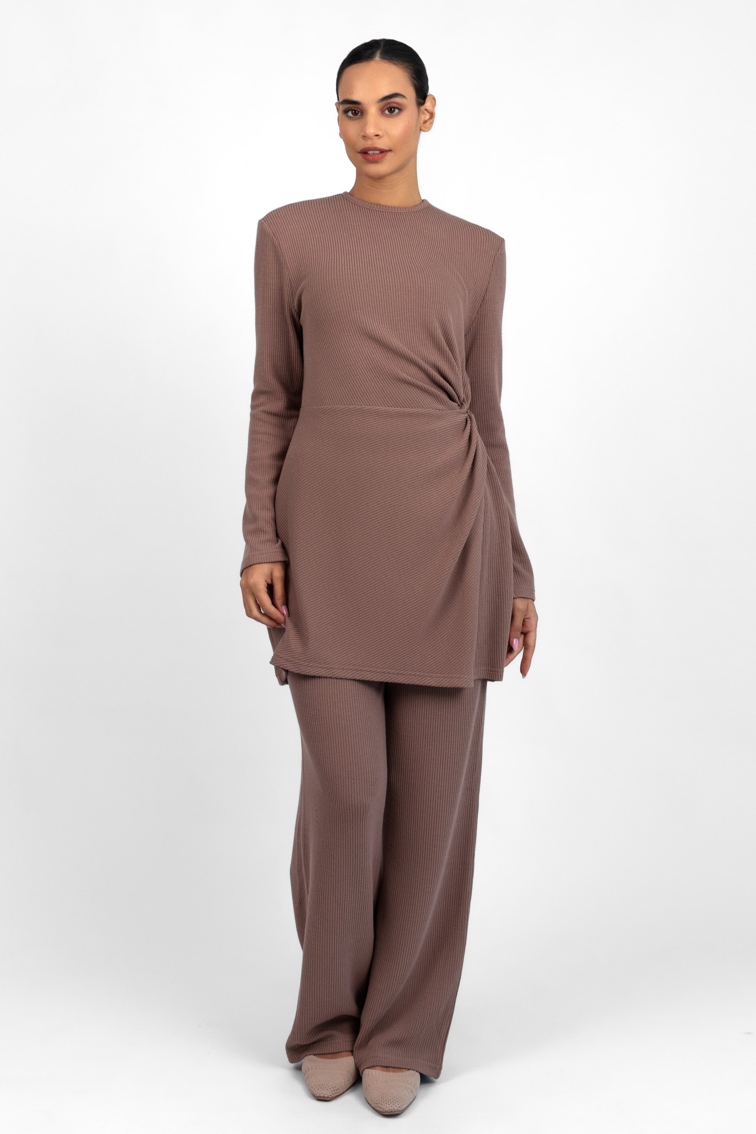 Knit Side Twist Top - Cinder