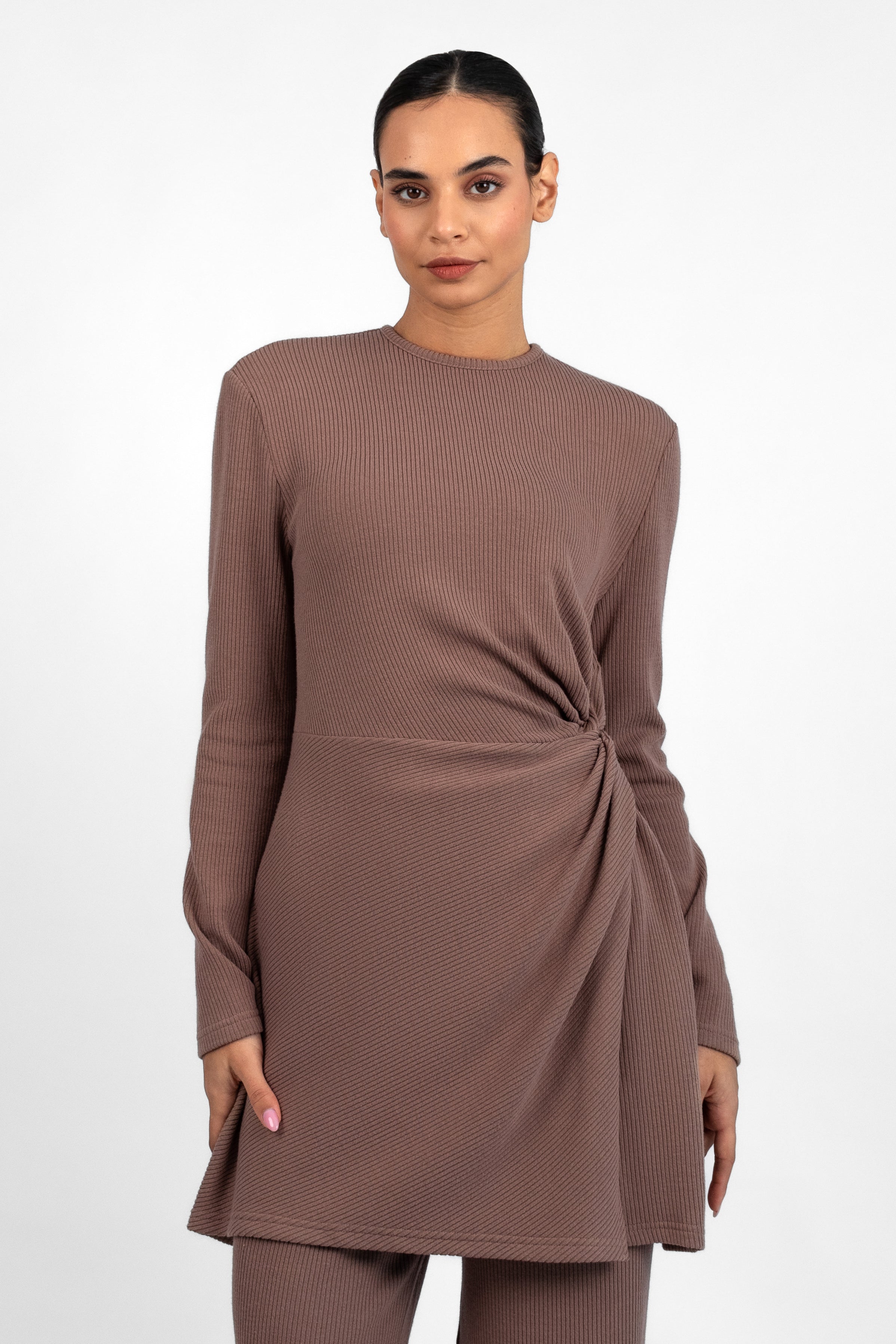 Knit Side Twist Top - Cinder