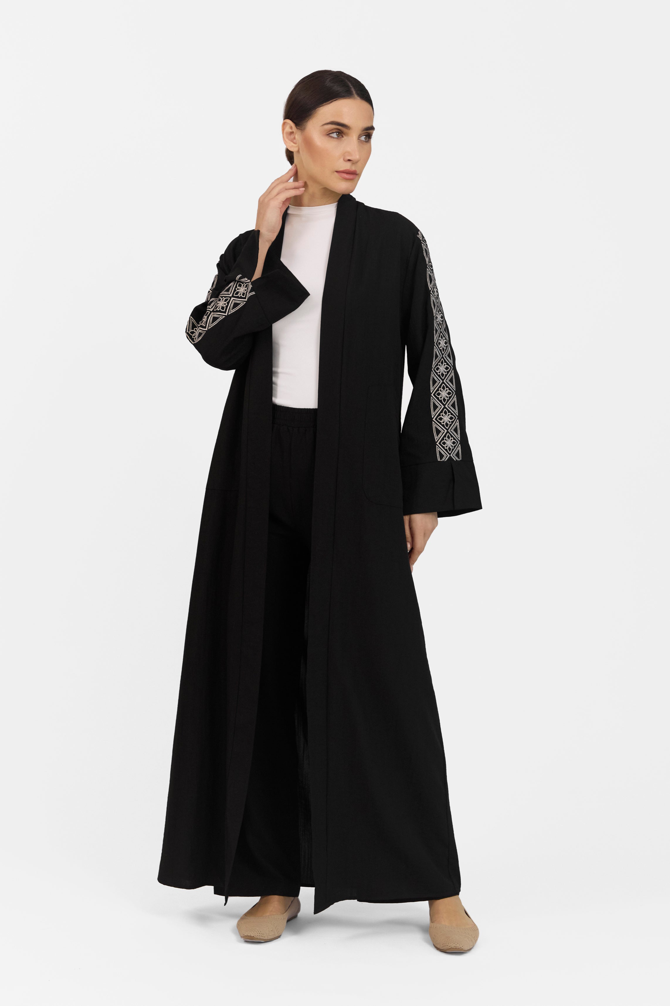 Embroidered Sleeve Abaya - Black