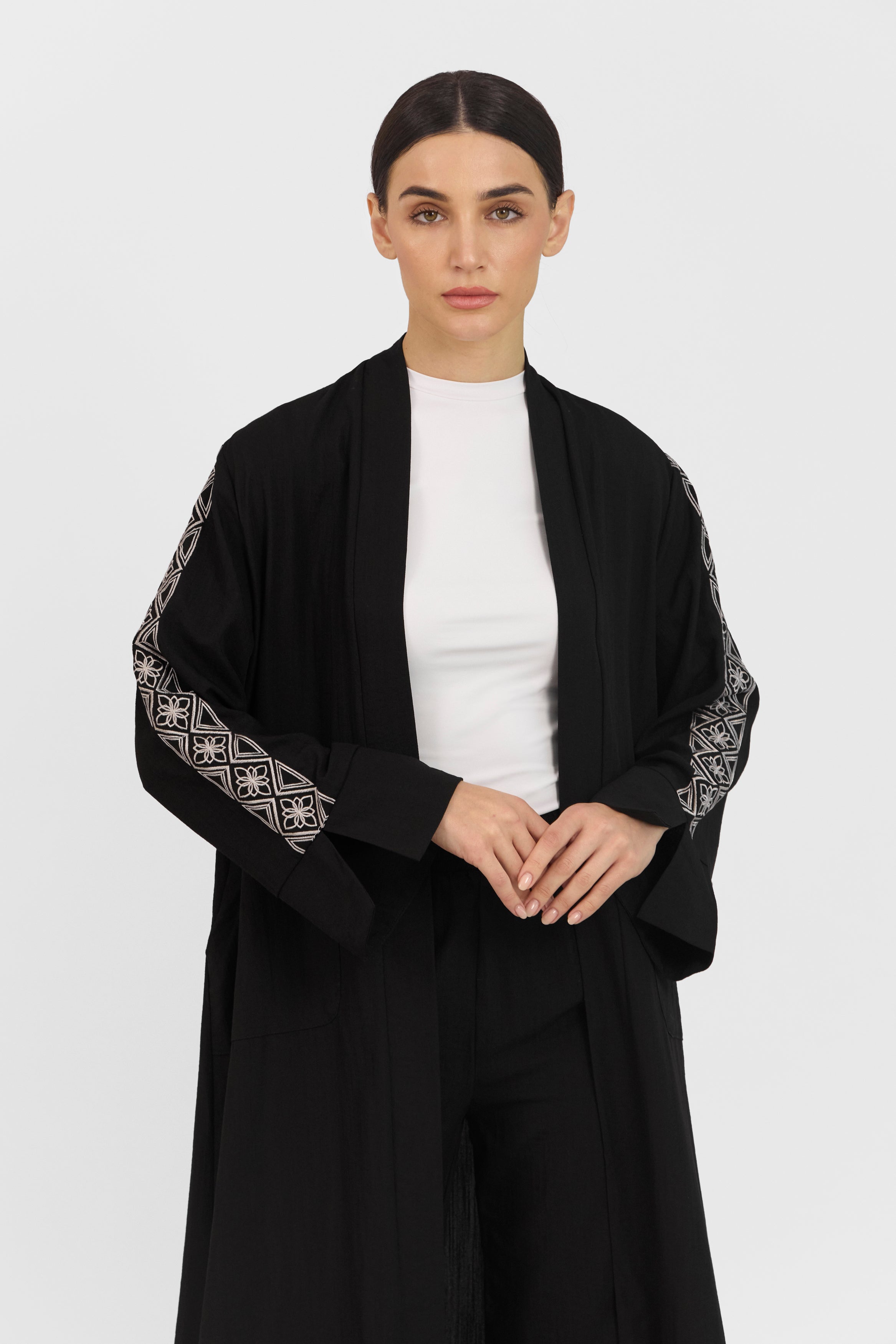 Embroidered Sleeve Abaya - Black