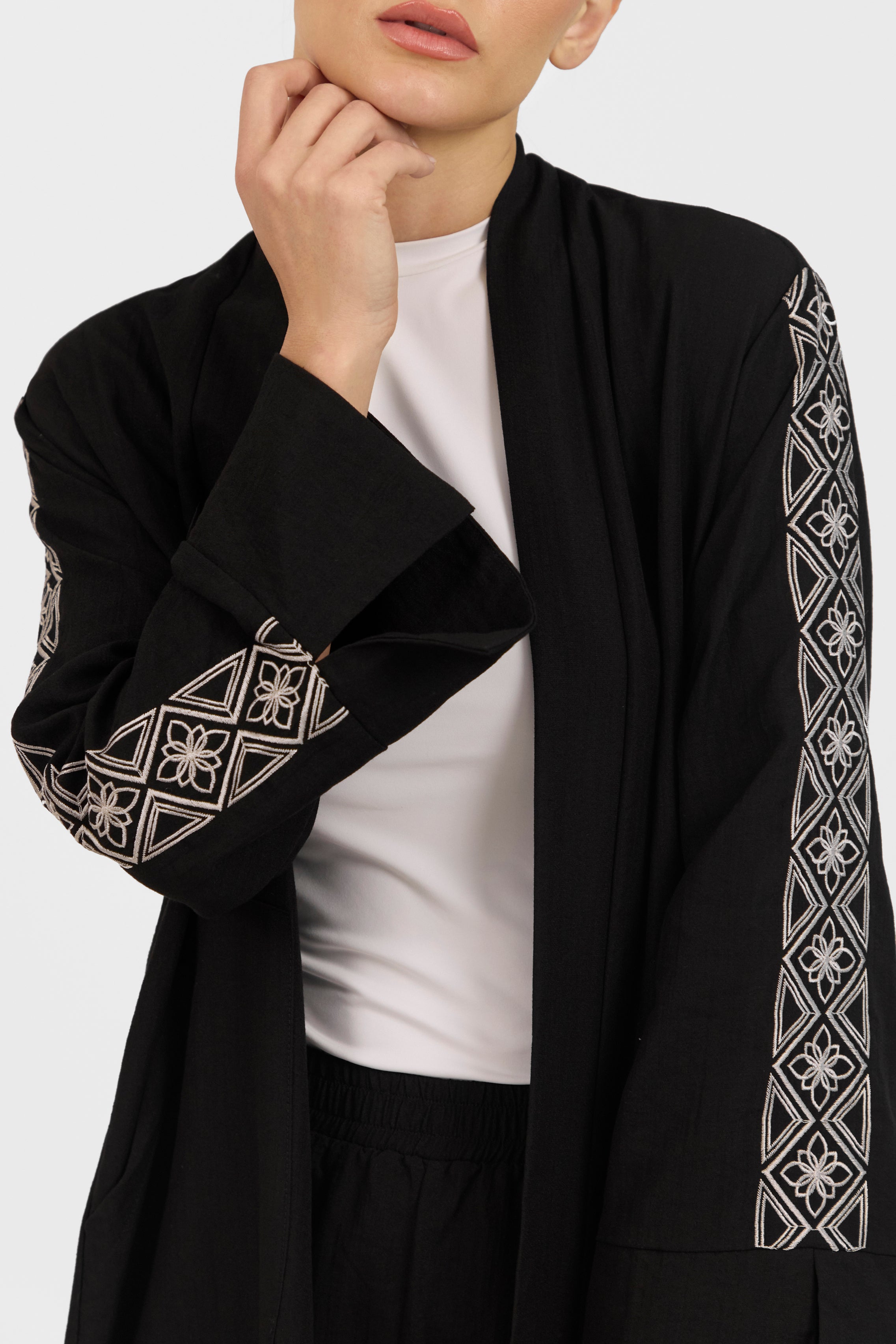 Embroidered Sleeve Abaya - Black