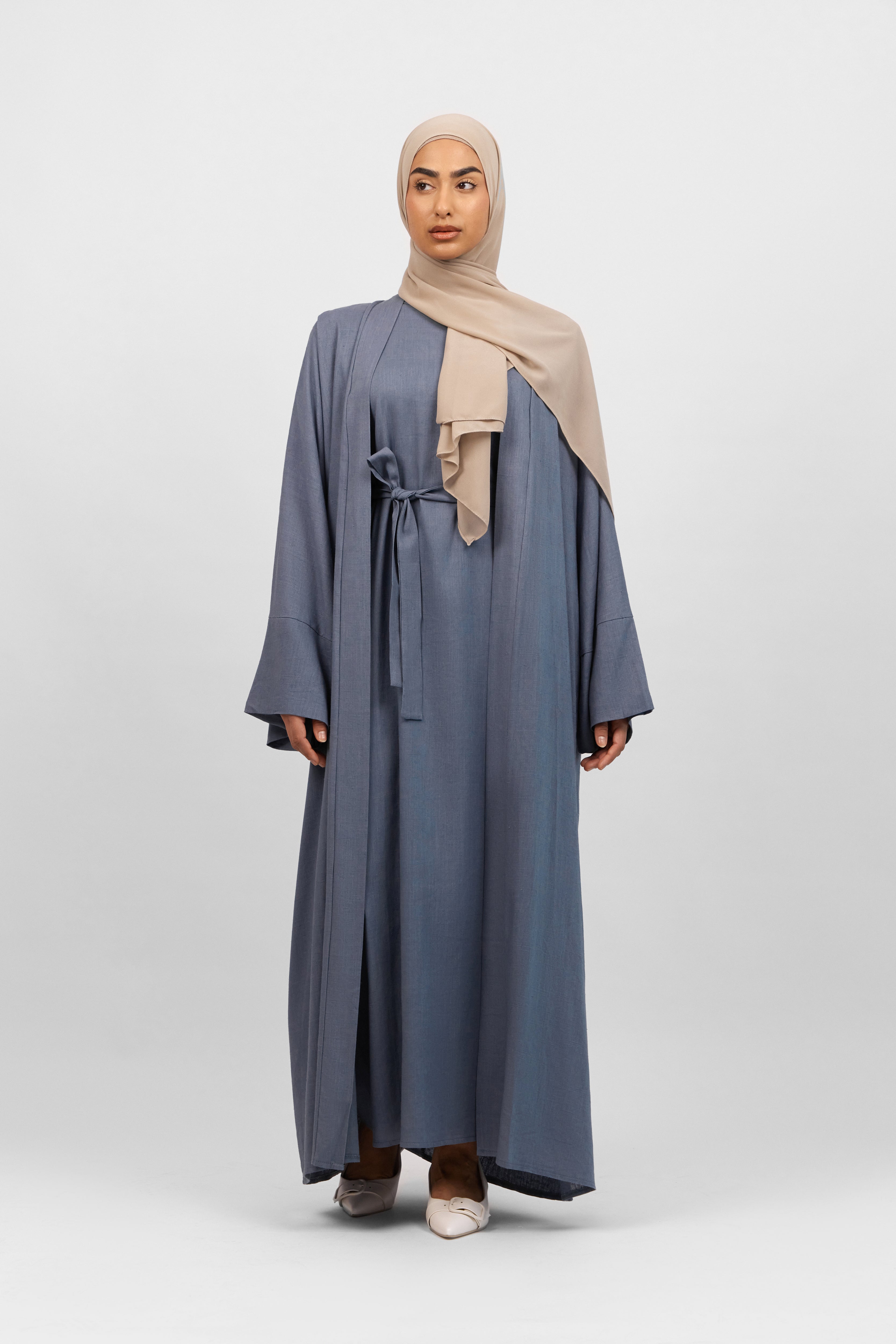 US - Linen Blend Abaya Set - Denim