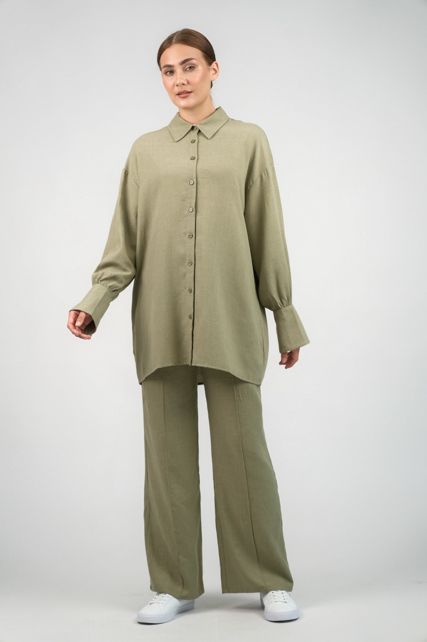 Pressed Crease Wide Leg Pants - Olive Branch