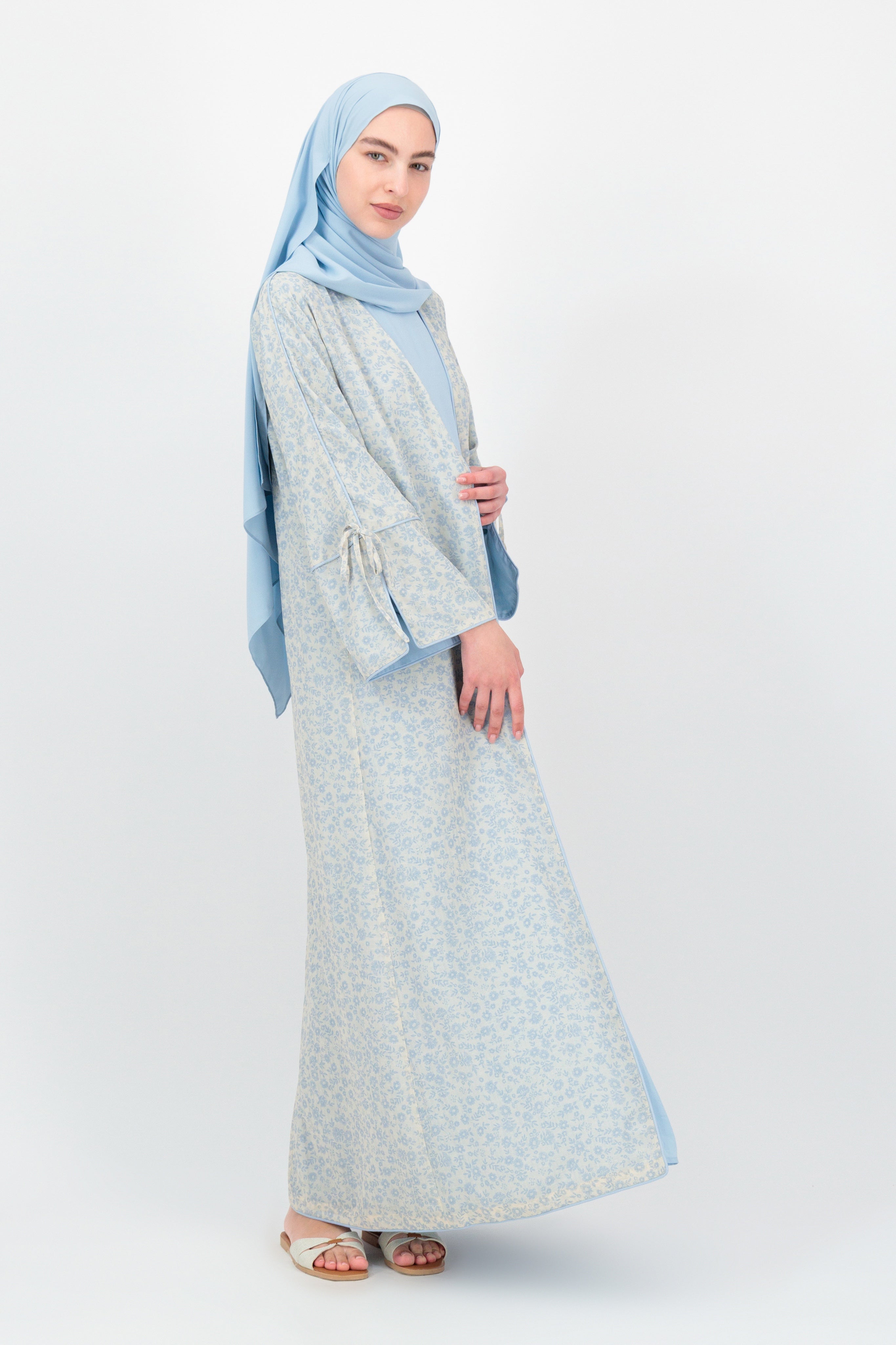 3 Piece Abaya Set - FARES - Light Blue - Printed Design