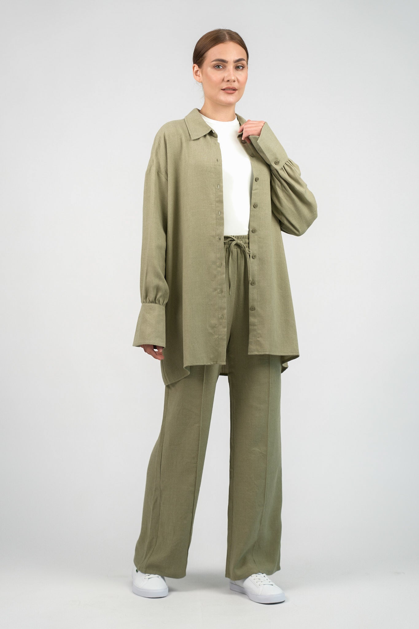 Pressed Crease Wide Leg Pants - Olive Branch