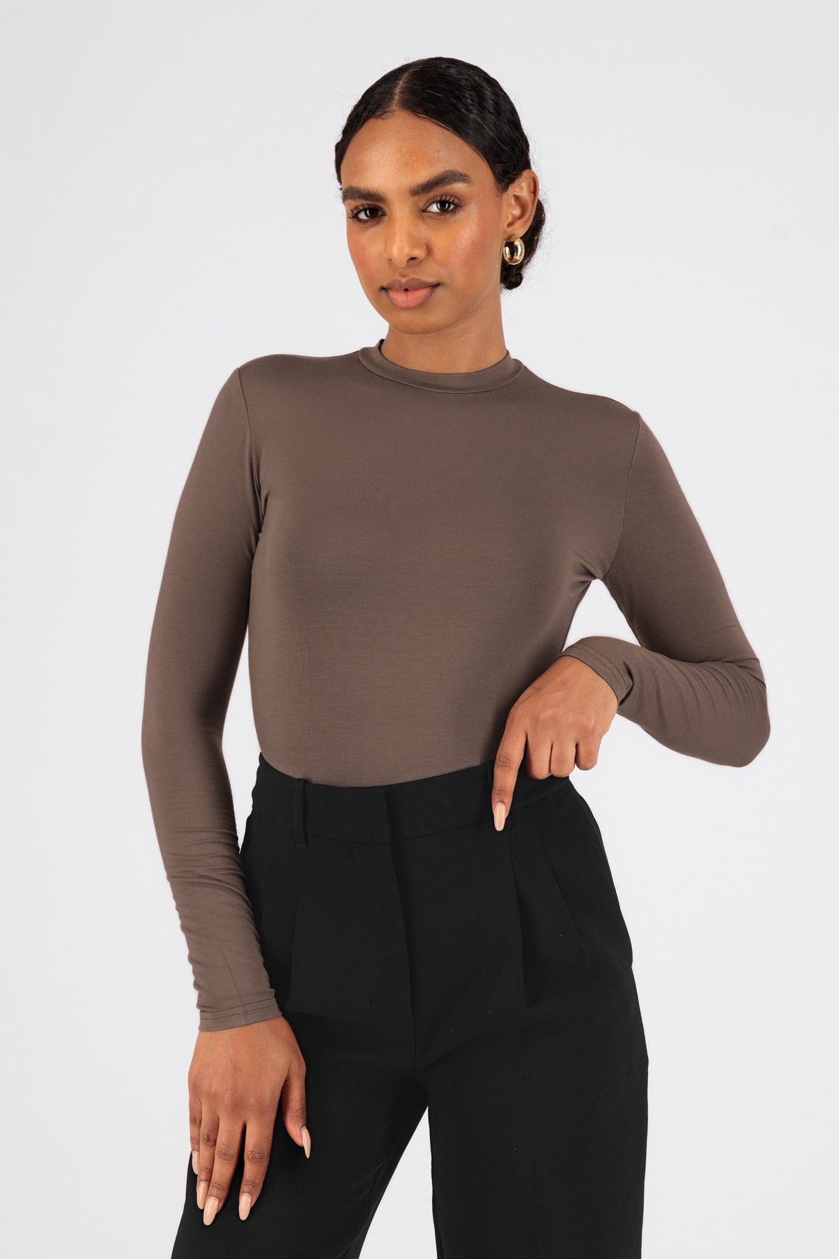 Long Sleeve Layering Top - FARES - Ash Brown - Modest - XS Long Sleeve Layering Top - FARES - Ash Brown - Modest - XS