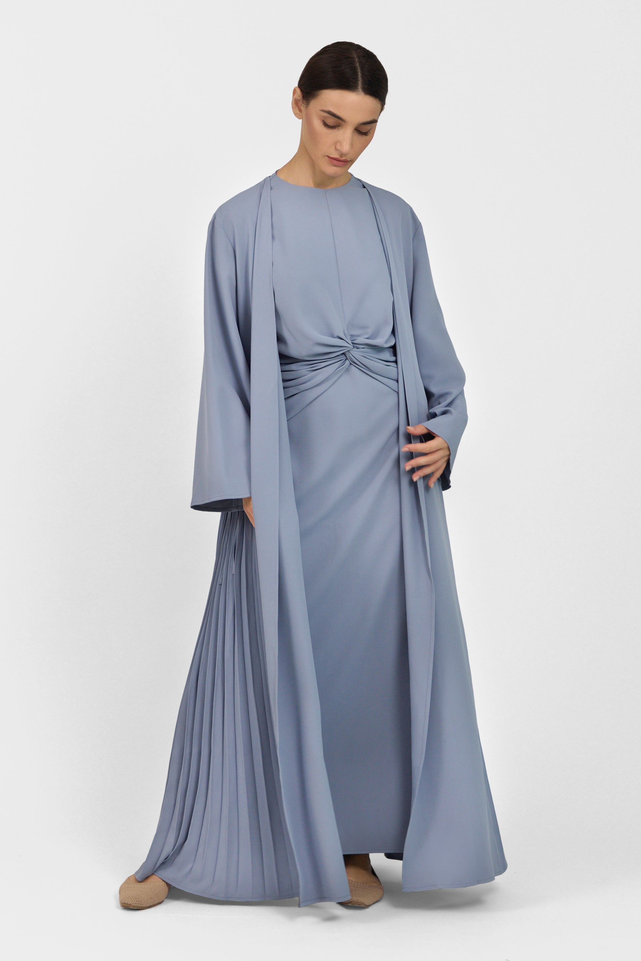 Pleated Detail Abaya - Denim