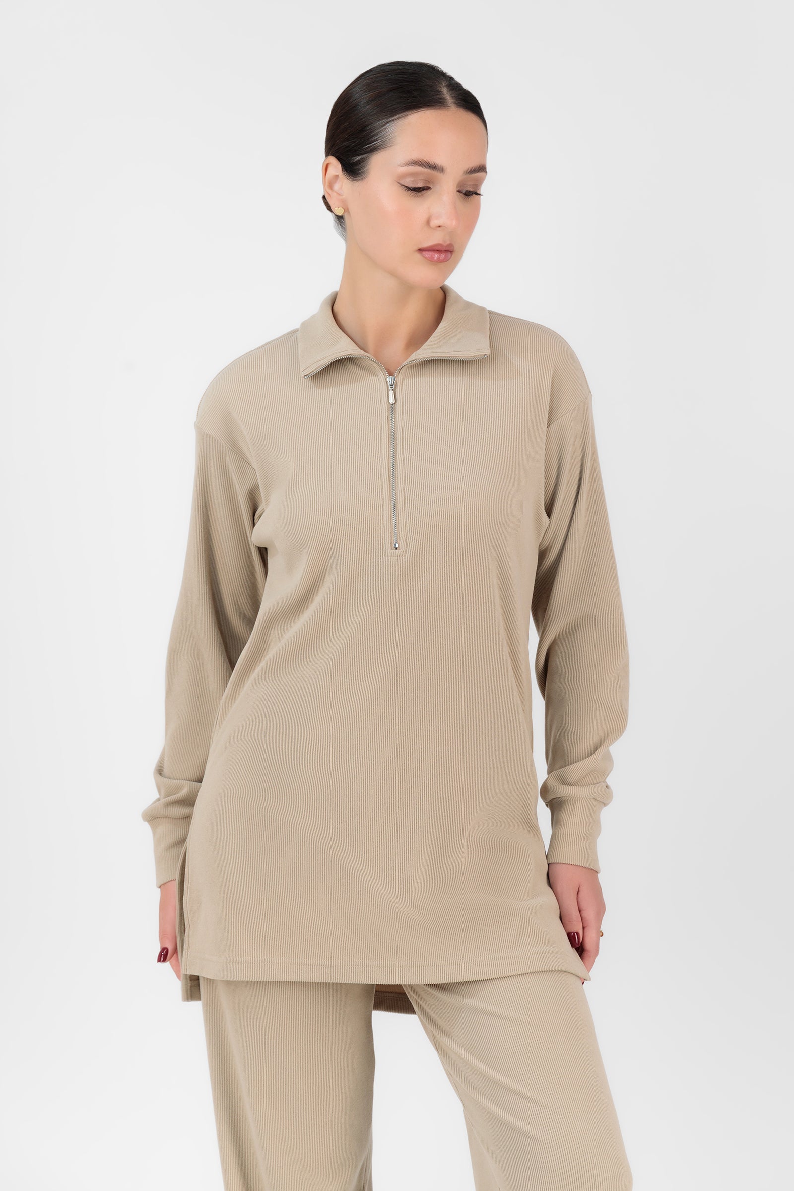 FARES Velour Knit Half Zip Modest Top – Medium Beige | Cozy Half