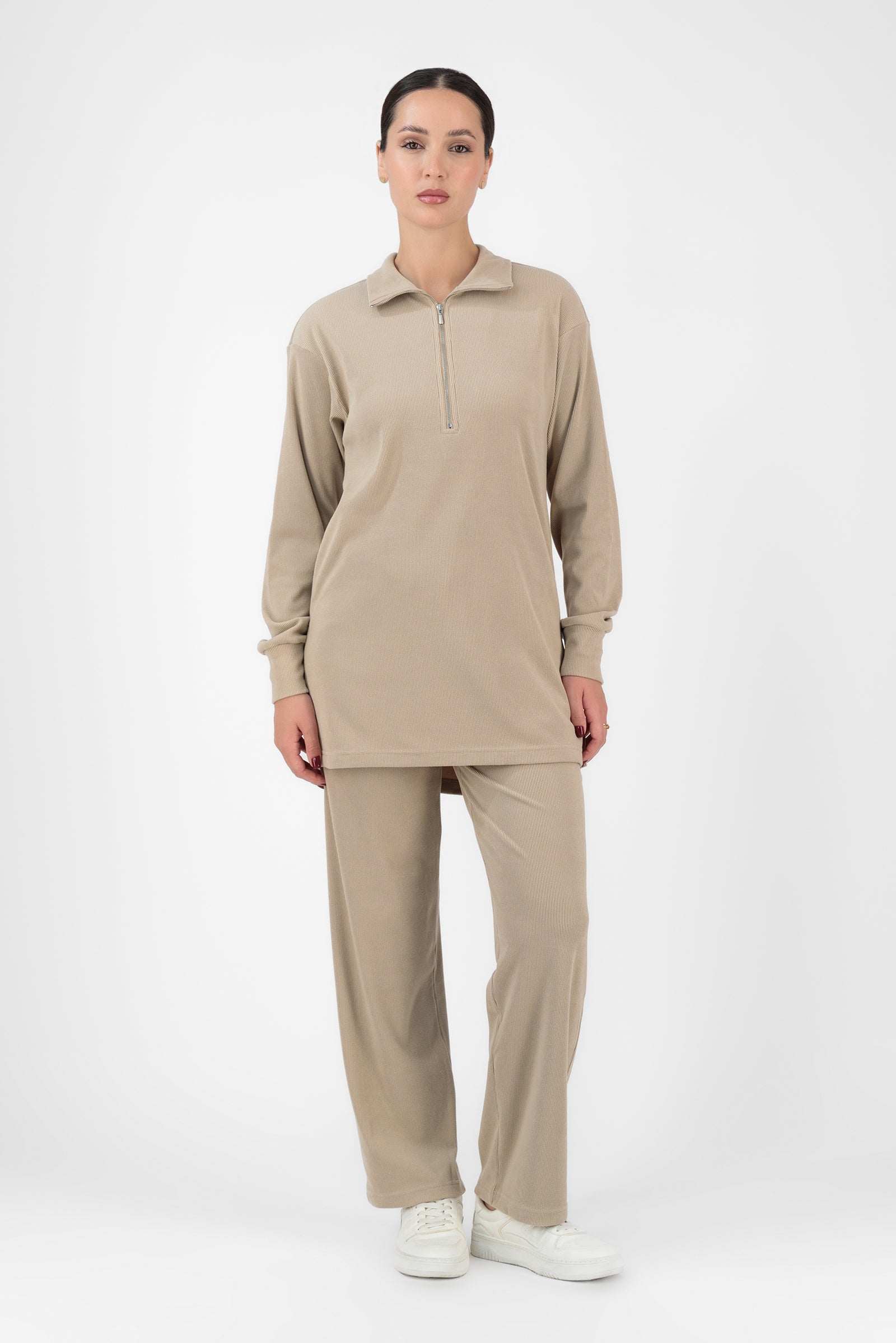 FARES Velour Knit Half Zip Modest Top – Medium Beige | Cozy Half