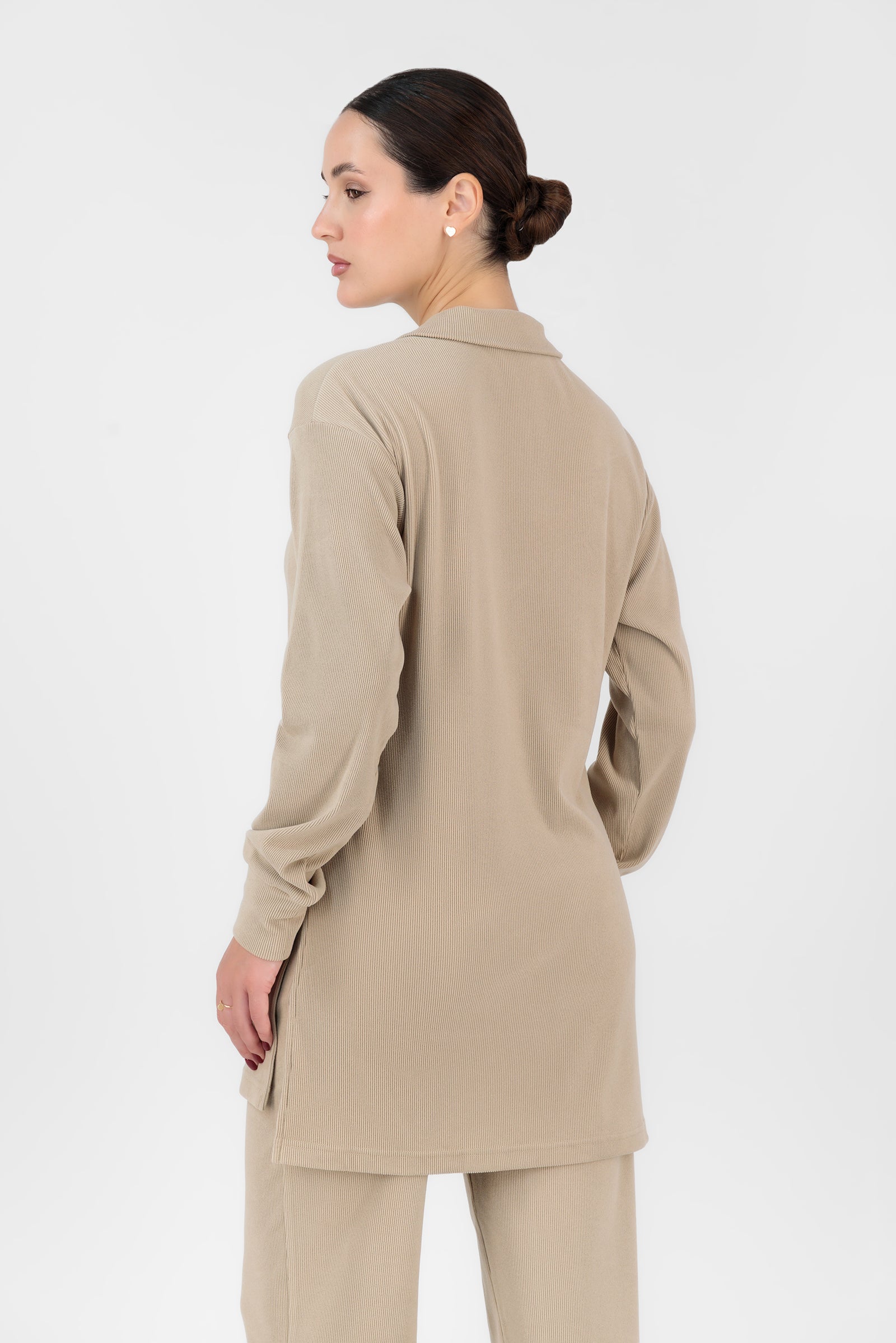 FARES Velour Knit Half Zip Modest Top – Medium Beige | Cozy Half