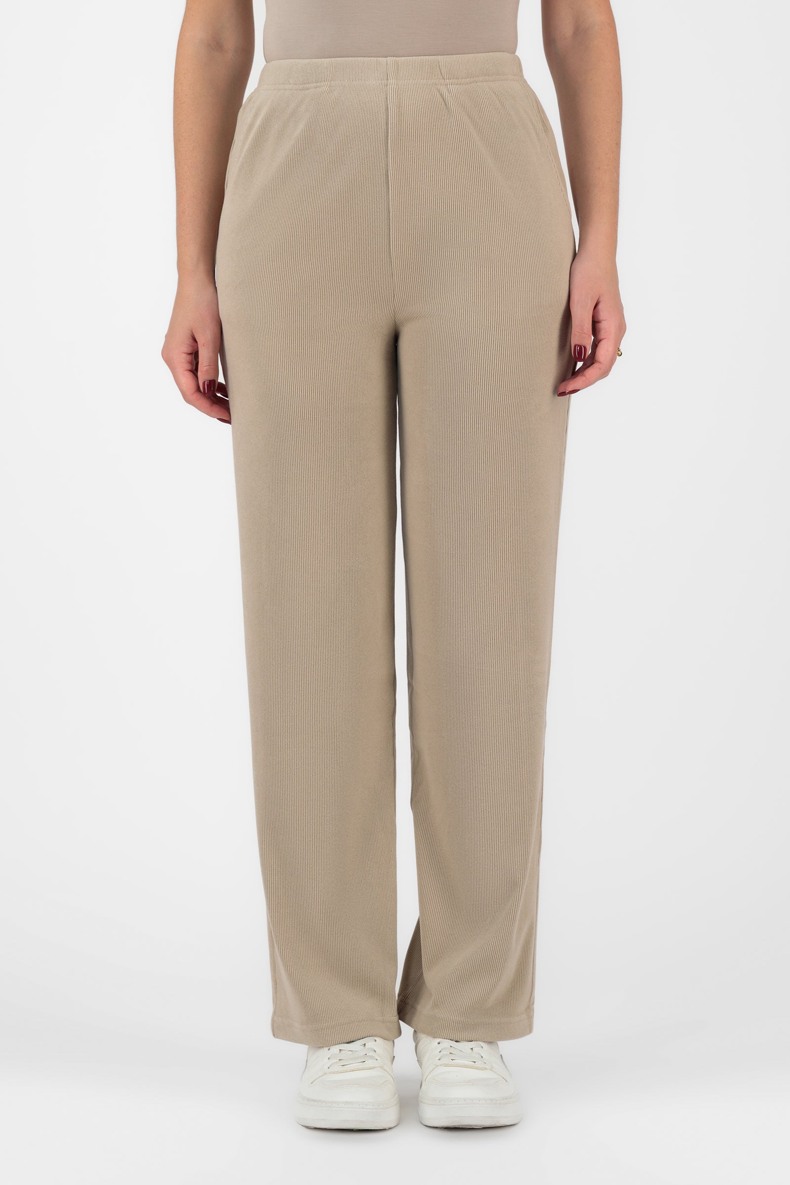 FARES Velour Knit Modest Pants – Medium Beige | Straight Leg Pants