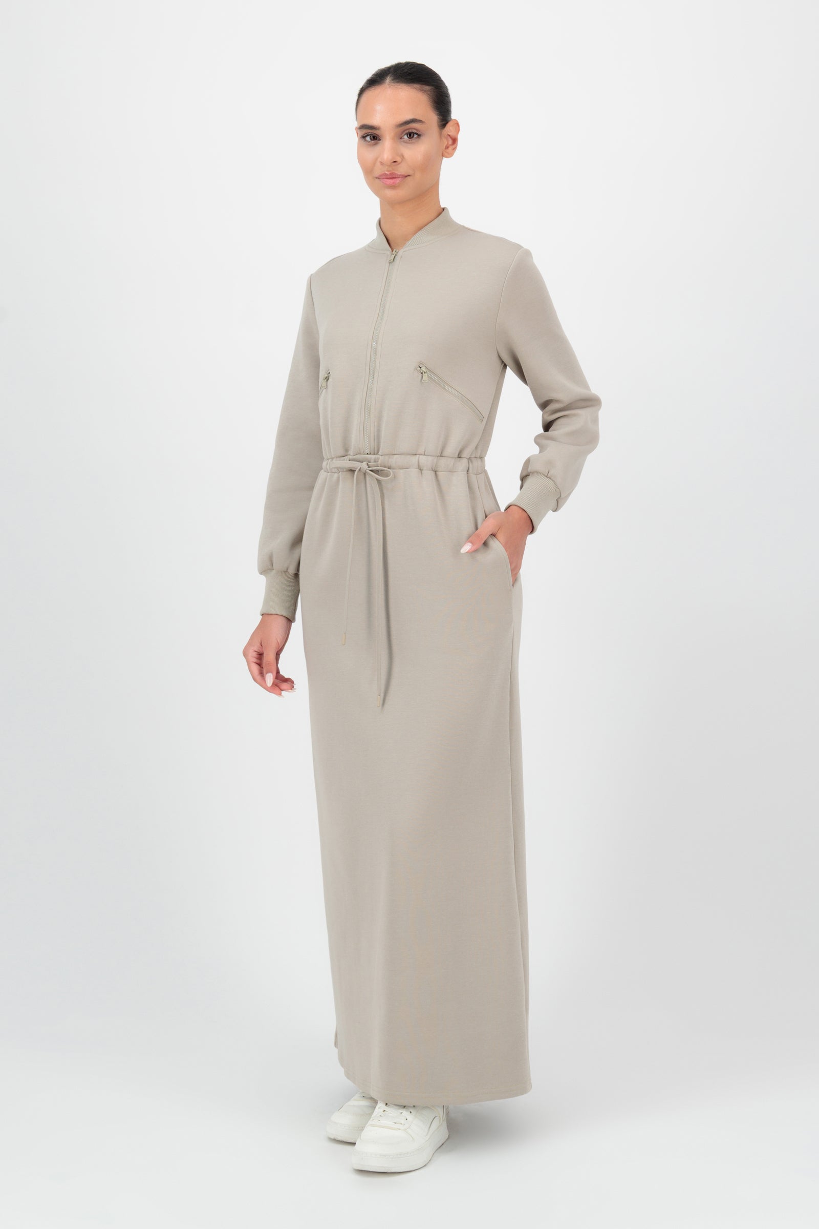 Modest Maxi Sweatshirt Dress - FARES - Taupe - Half Zip Opening - XL Modest Maxi Sweatshirt Dress - FARES - Taupe - Half Zip Opening - XL