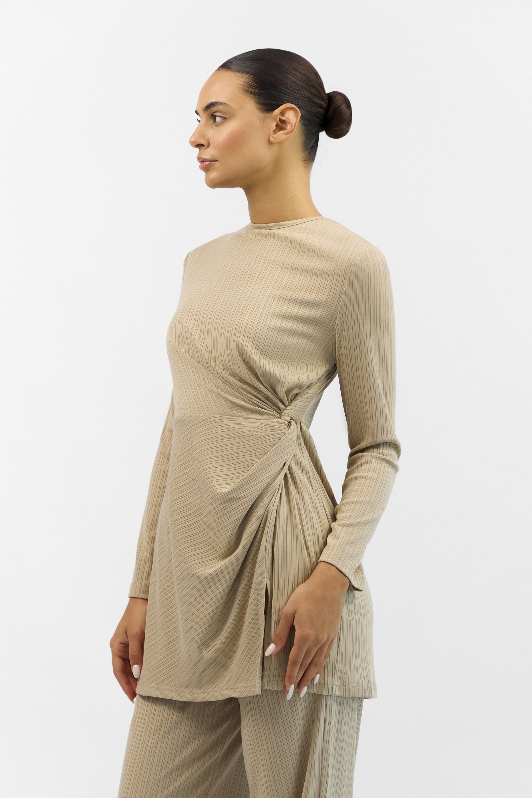 Ribbed Side Twist Top - Latte