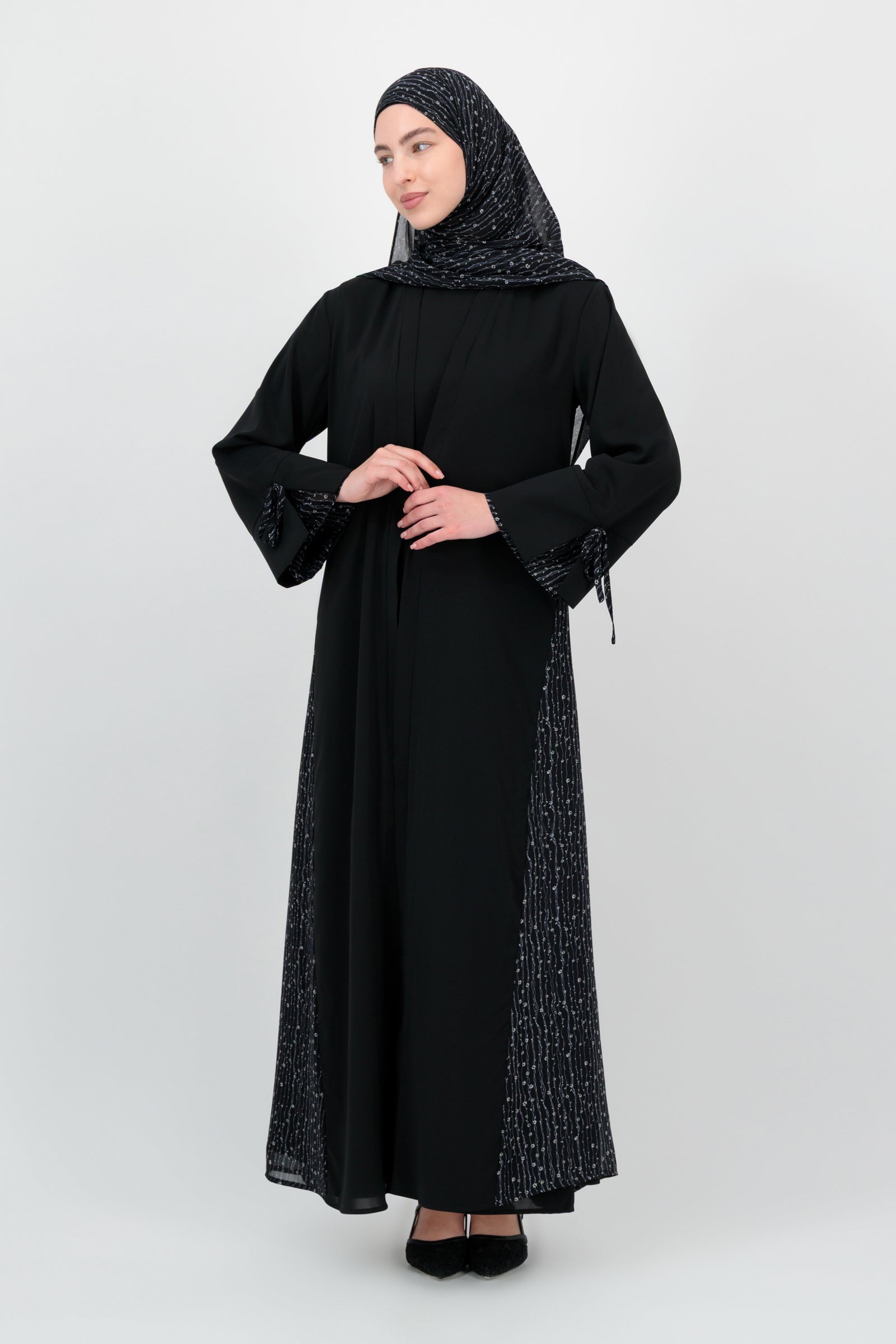 3 Piece Abaya Set - FARES - Black - Print Accent