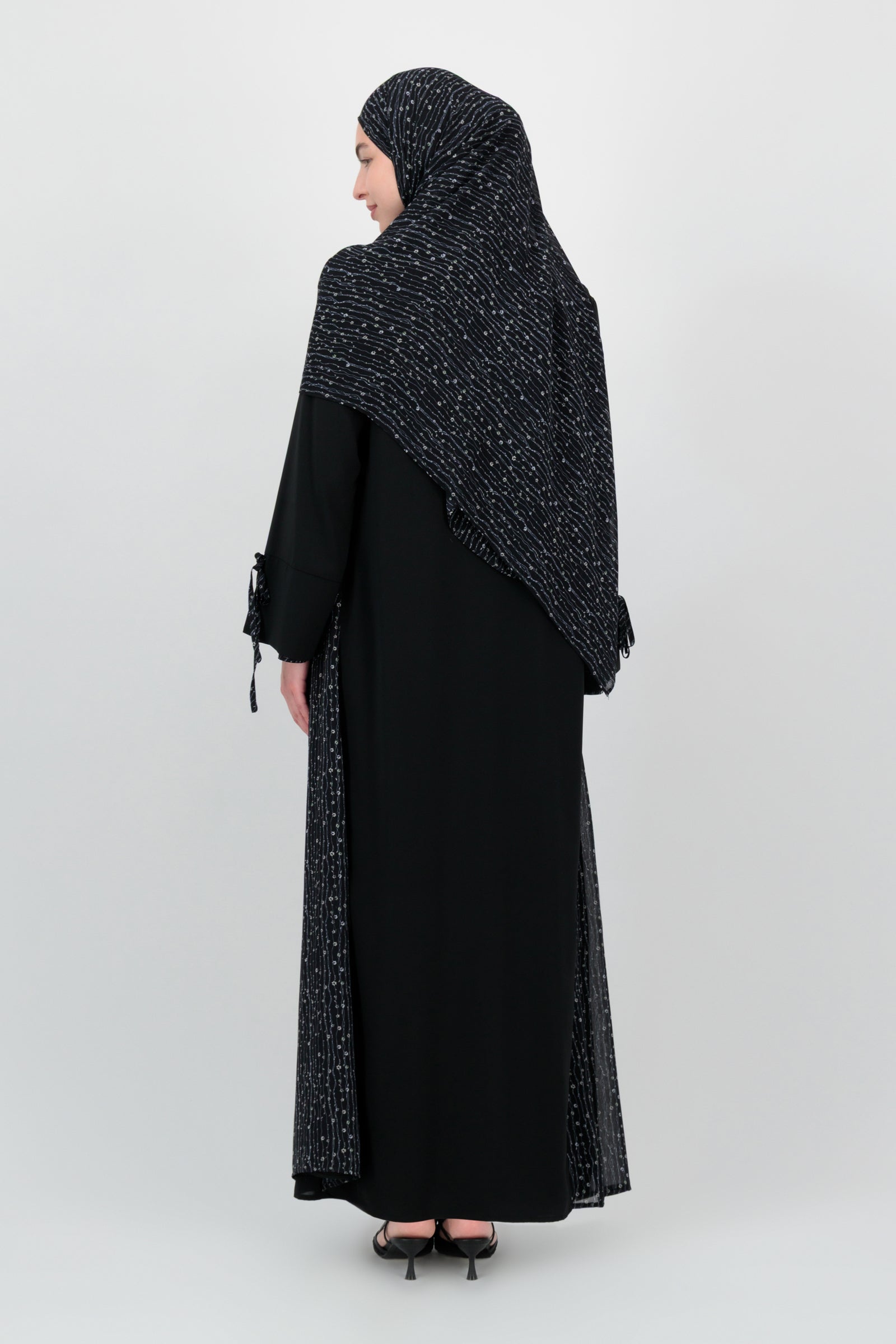 Print Accent 3 Piece Abaya Set - Black