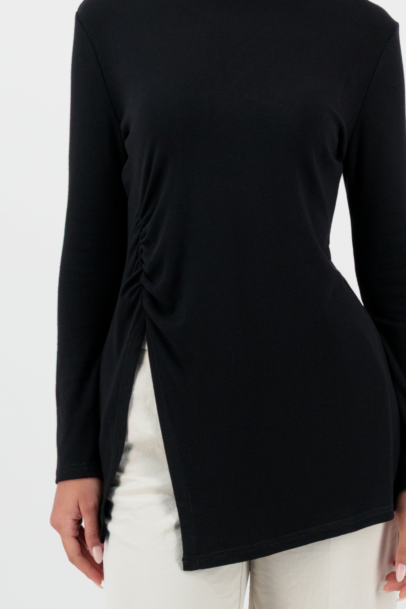Ruched Knit Top With Slit - Black