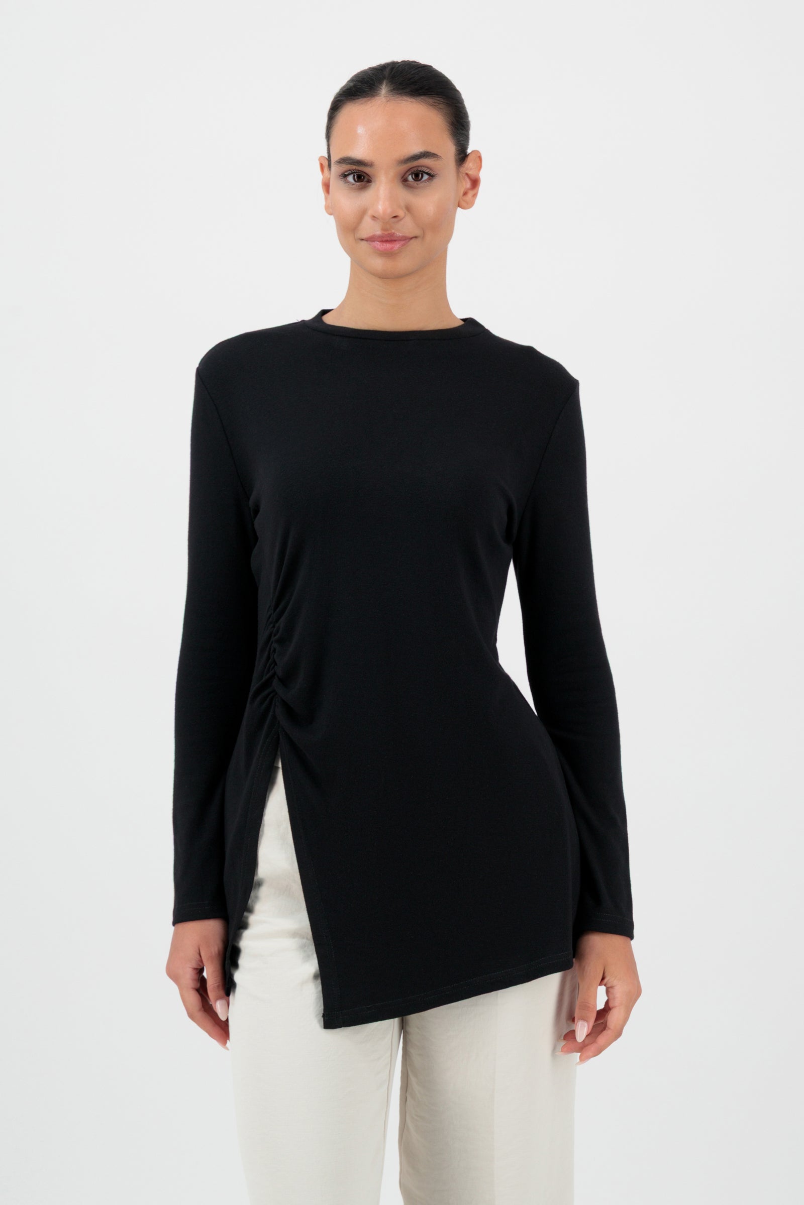 Ruched Knit Top With Slit - Black