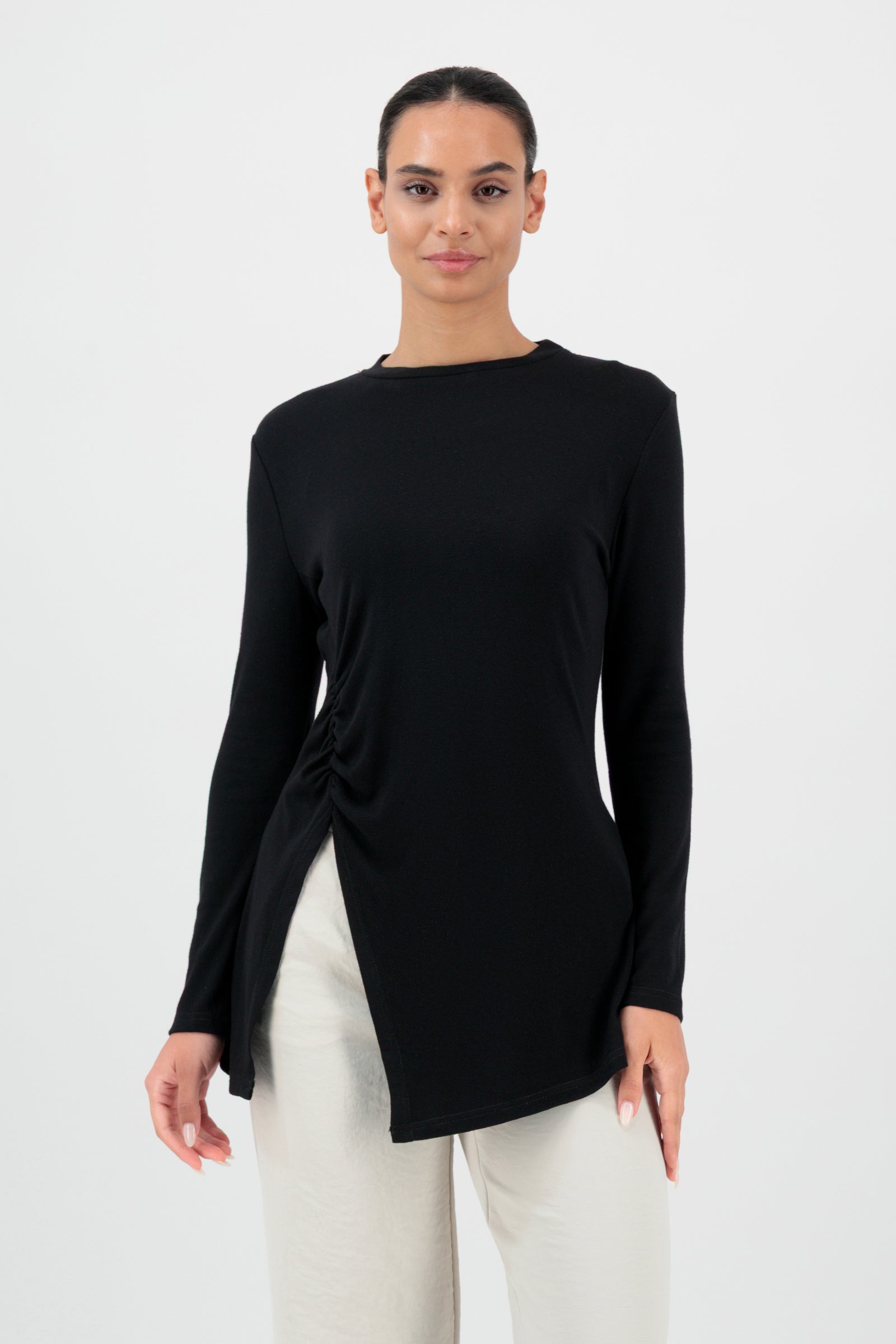 Ruched Knit Top With Slit - Black