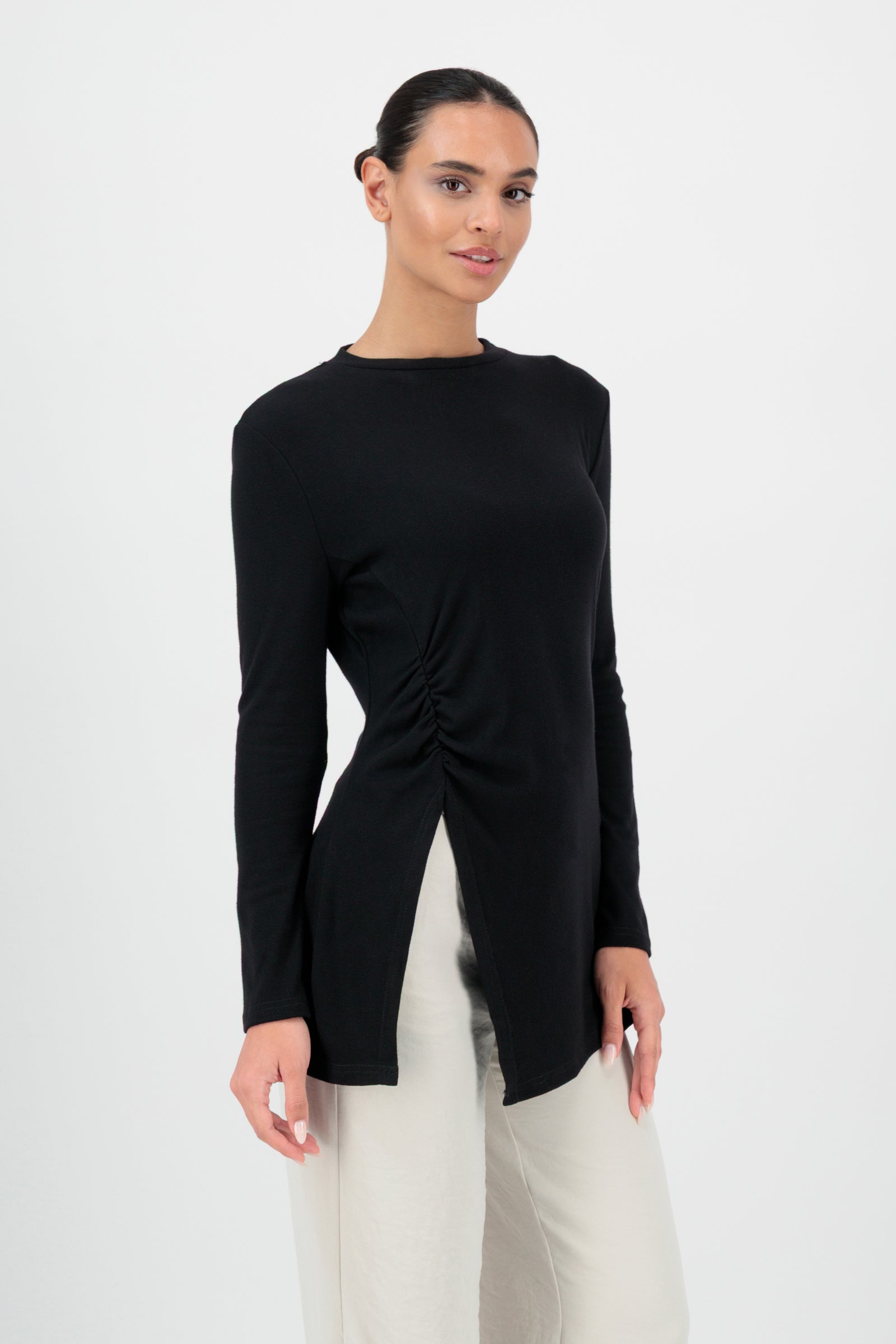 Ruched Knit Top With Slit - Black