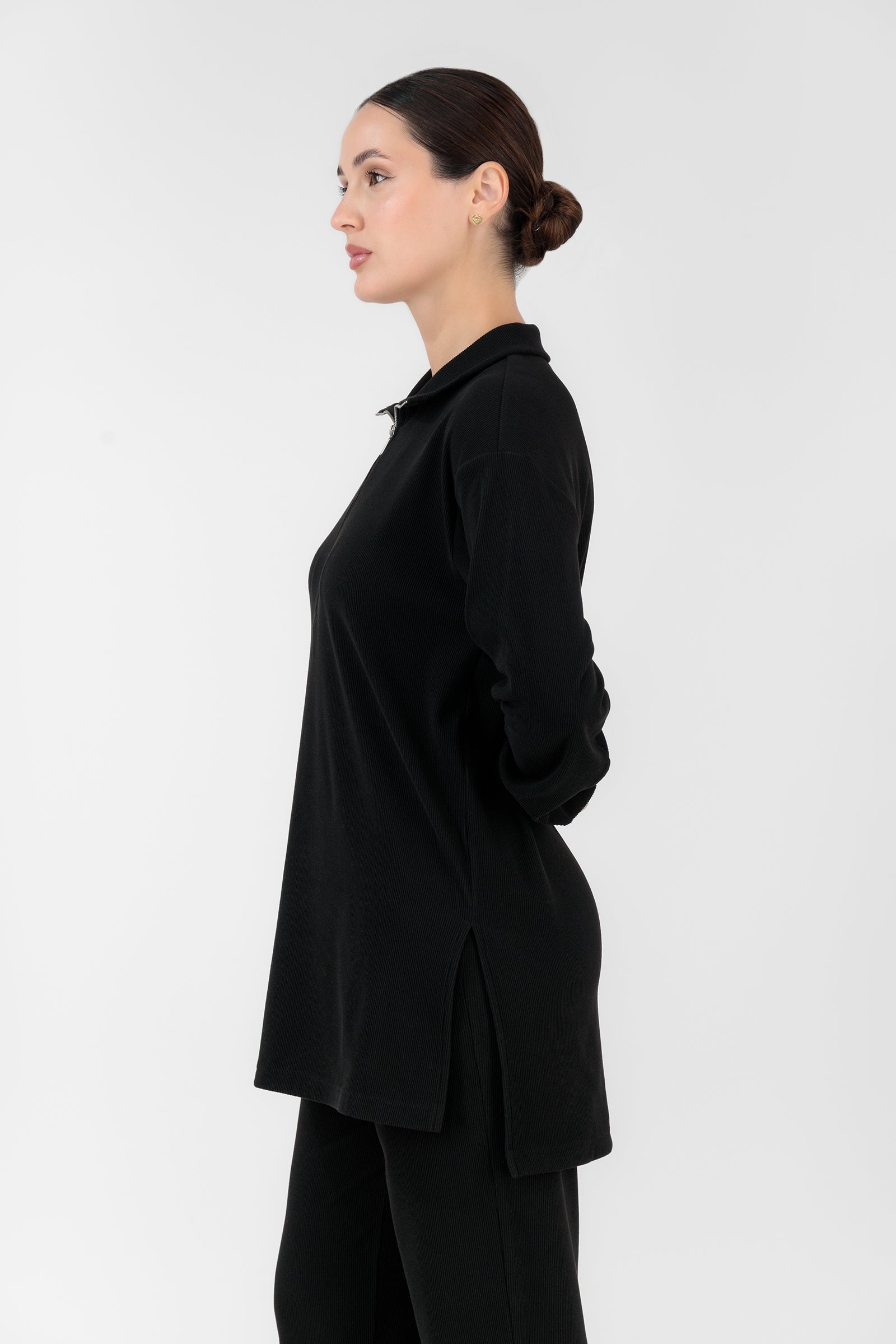 FARES Velour Knit Half Zip Modest Top – Black | Cozy Half Zip Sweater