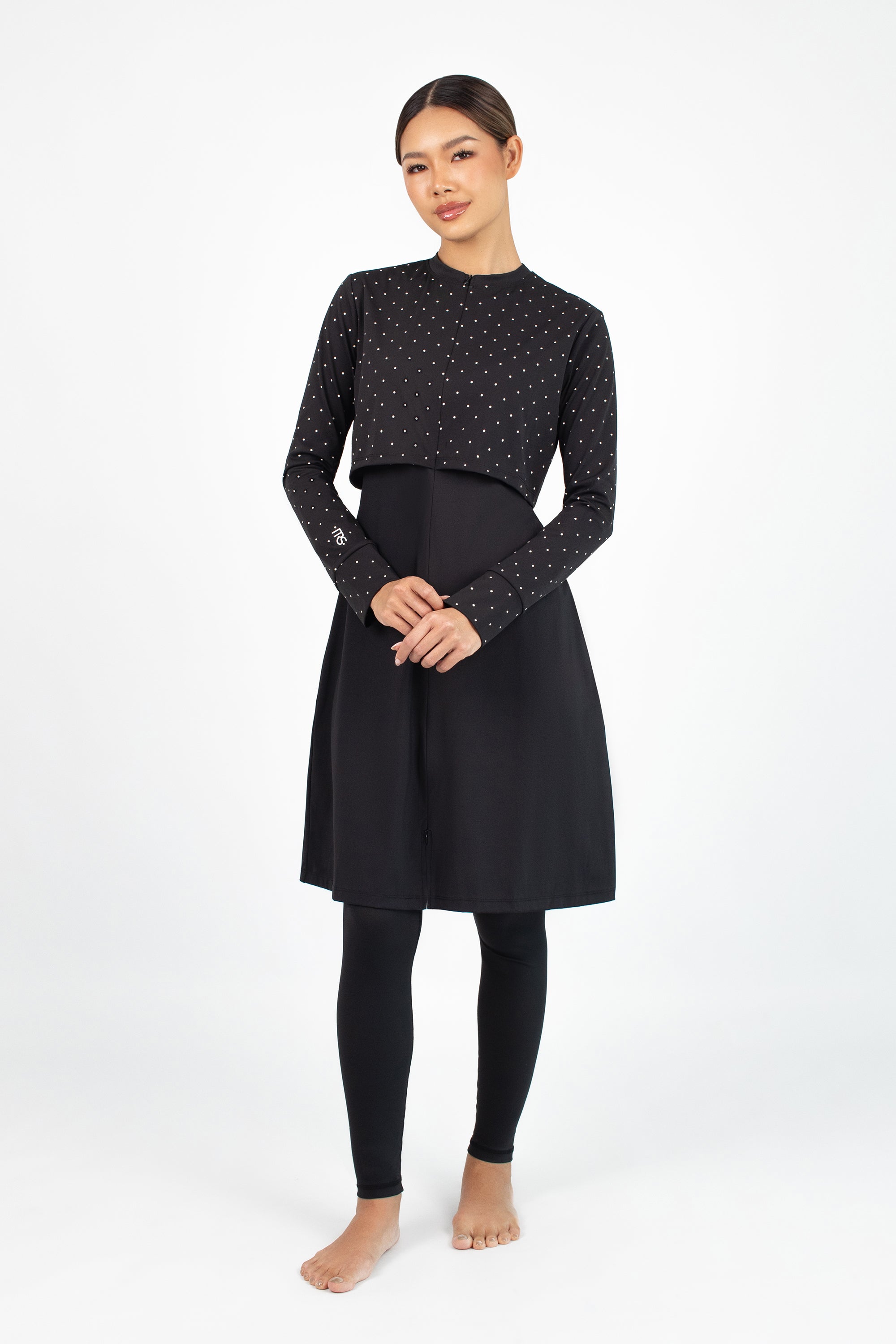 Zip-Up Modest Swim Set - FARES - Black and White Polkadots - Quick-Drying Fabric - XS Zip-Up Modest Swim Set - FARES - Black and White Polkadots - Quick-Drying Fabric - XS