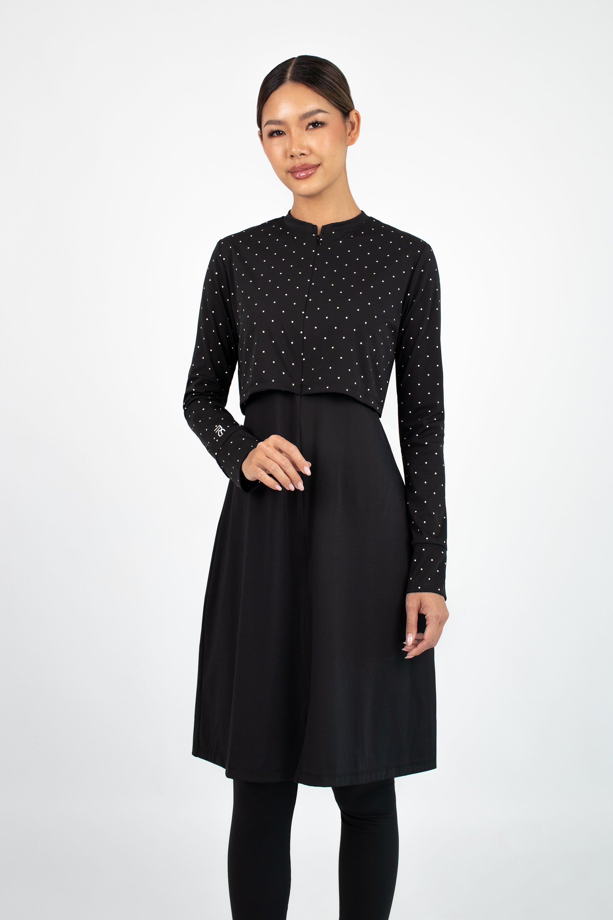 Zip up Quick Dry Modest Swim Set - Black Polka