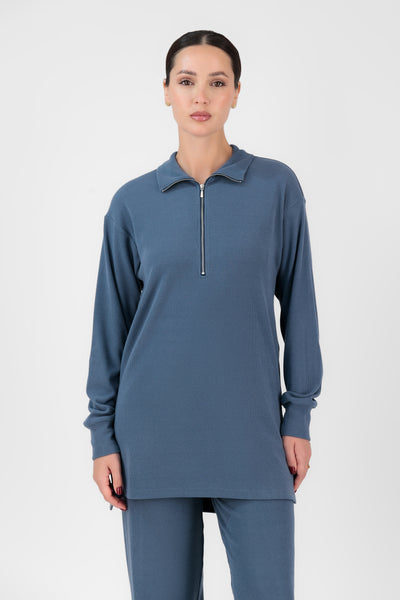 FARES Velour Knit Half Zip Modest Top – Royal Blue | Cozy Half Zip