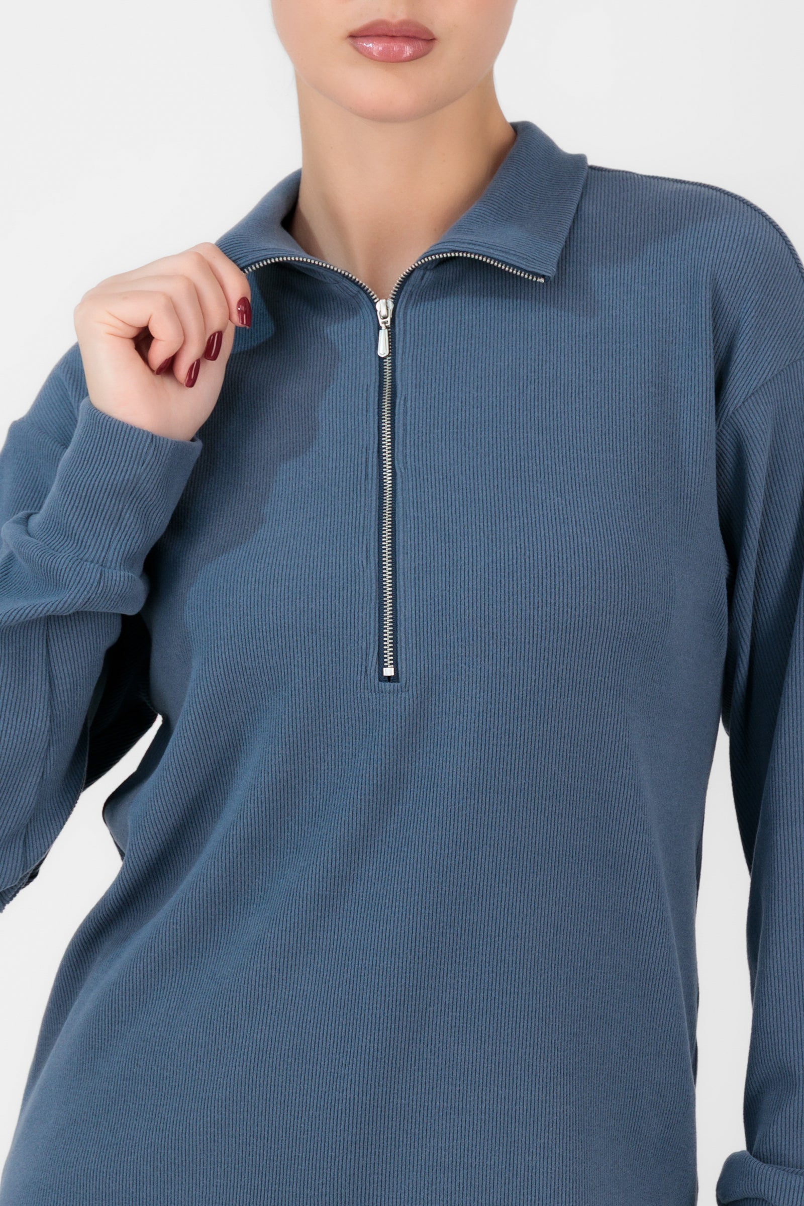 FARES Velour Knit Half Zip Modest Top – Royal Blue | Cozy Half Zip