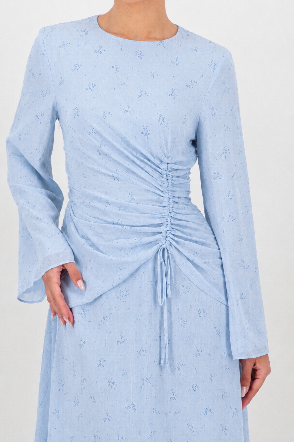 Close-up of the Skyflower chiffon dress highlighting the scrunched waist detail.