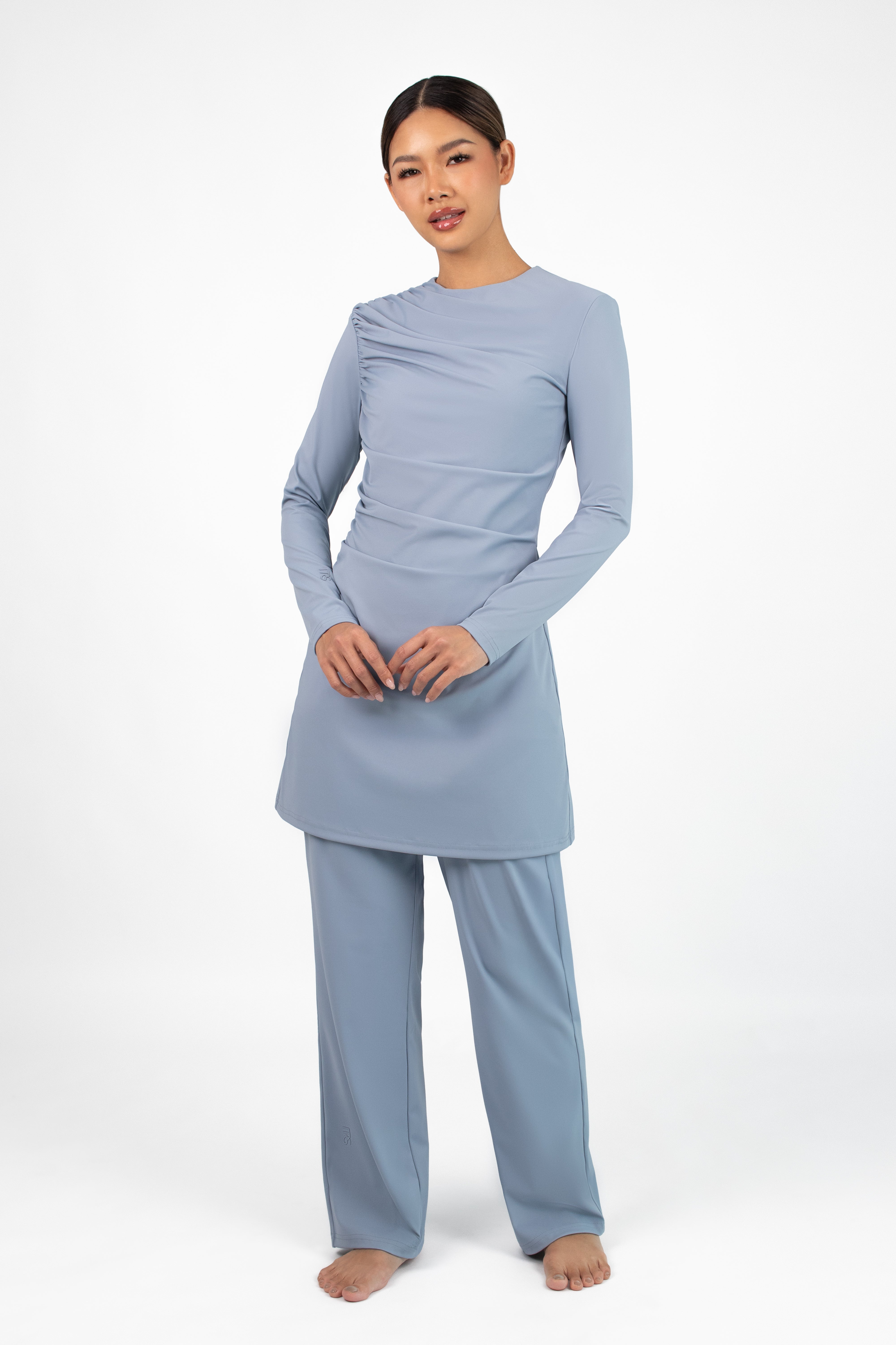 Gathered Quick Dry Modest Swim Set - Coastal Blue