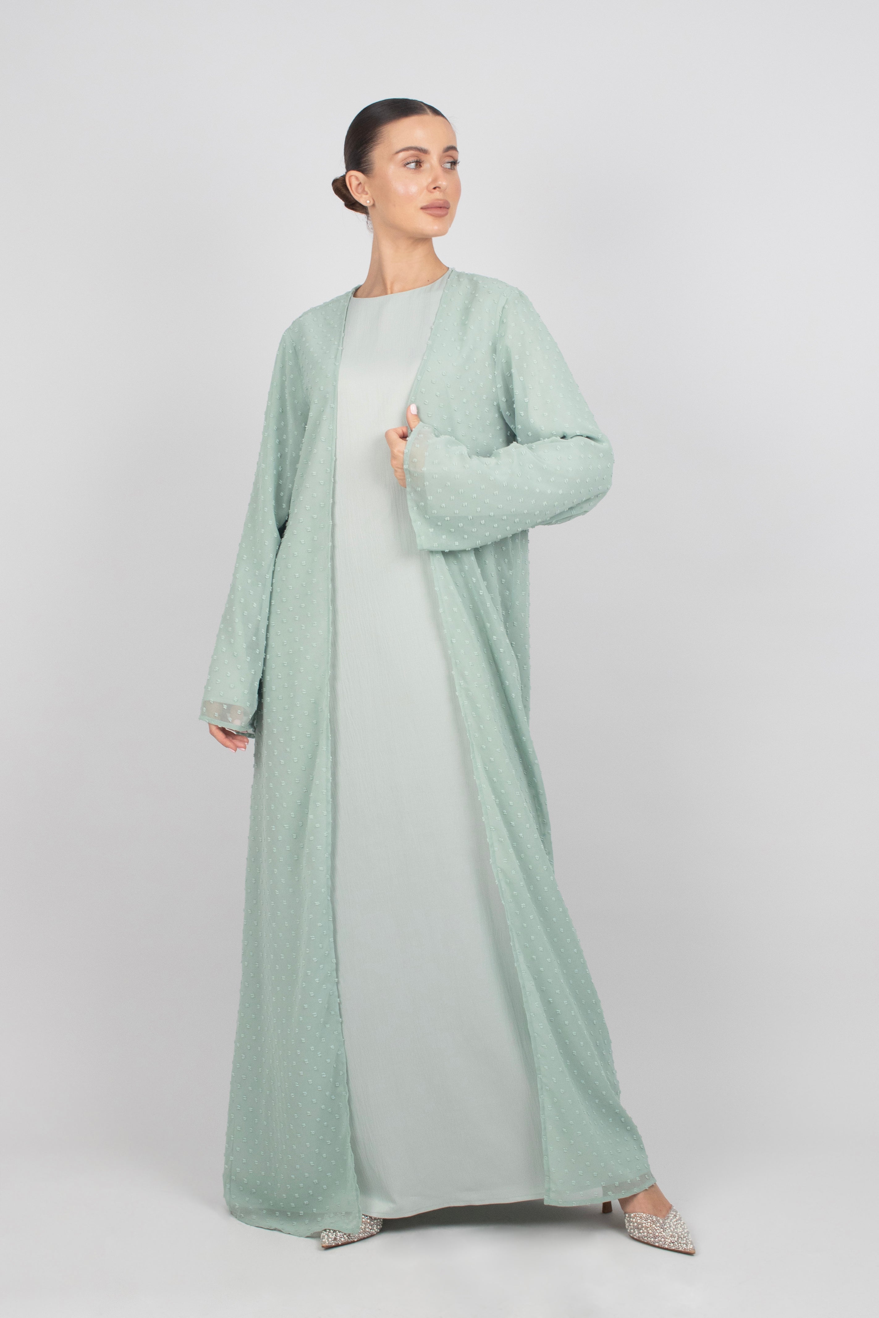 US - Sheer Abaya and Dress Set - Sea Mist