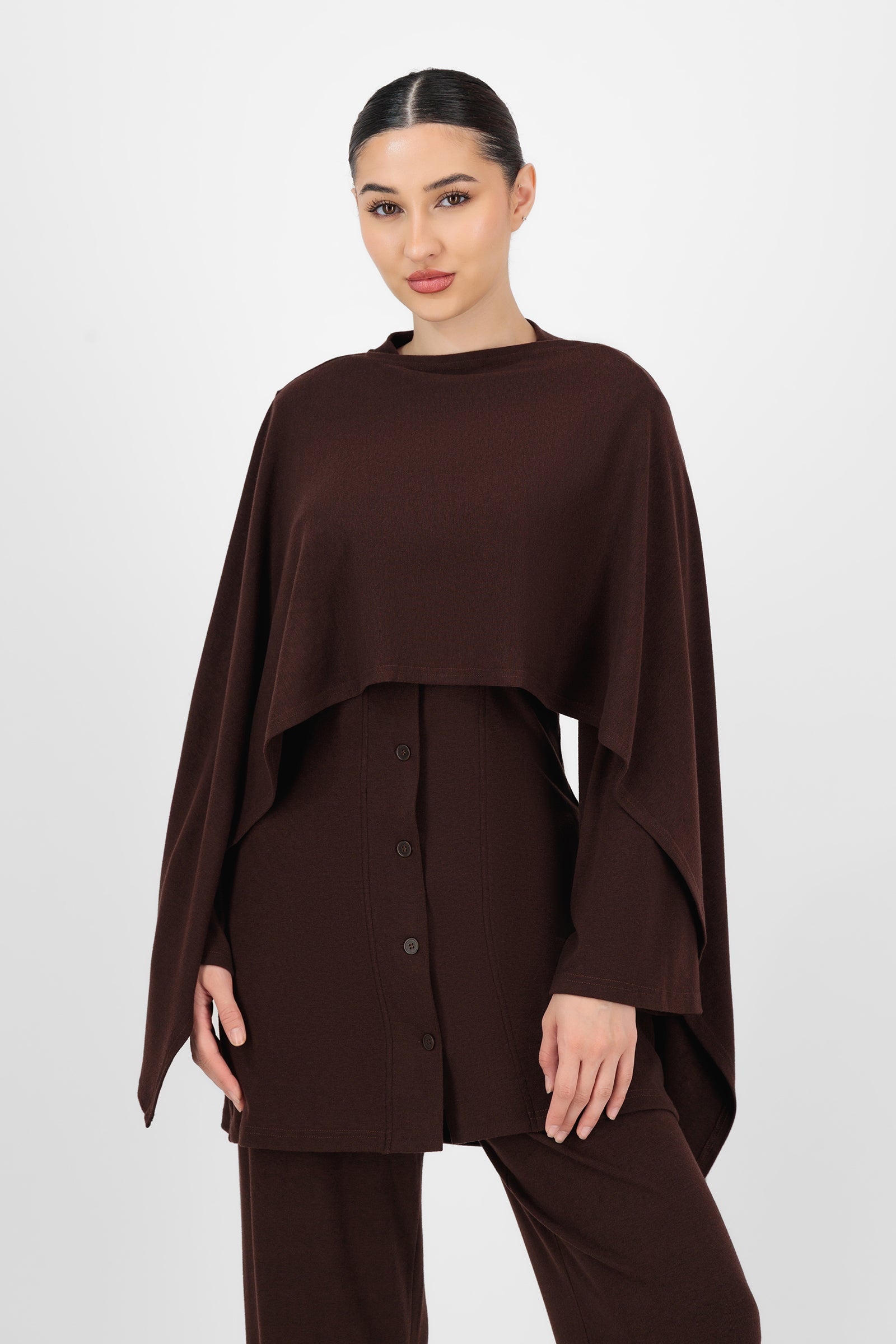 FARES Draped Shawl Knit Top – Espresso Brown | Knit Tops