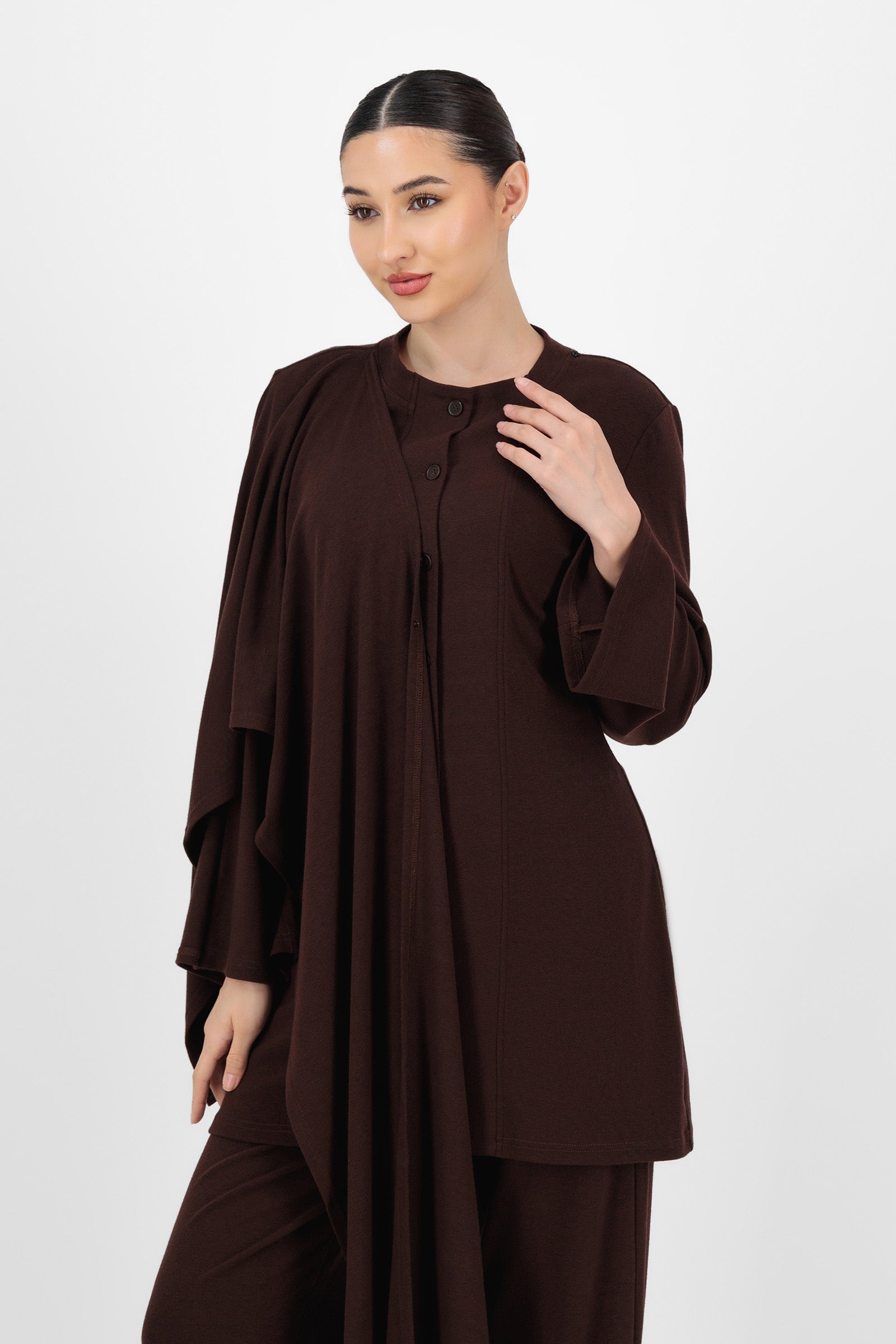 Alternate front pose of the Espresso Draped Shawl Knit Top showing the gentle wrap-like shape and comfortable fit that make it a standout among knit tops.