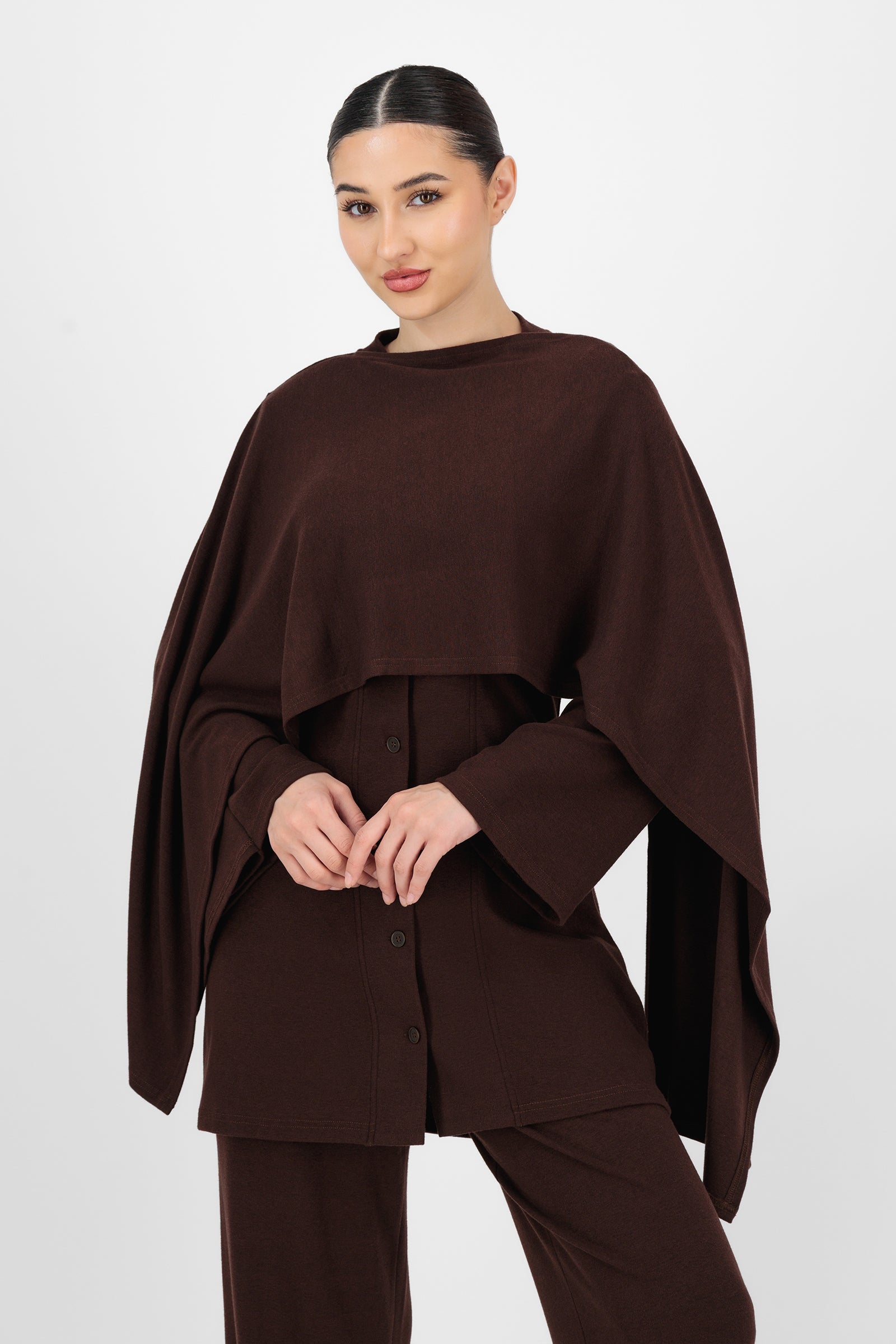 Another alternate front pose of the Espresso Draped Shawl Knit Top showing the gentle wrap-like shape and comfortable fit that make it a standout among knit tops.