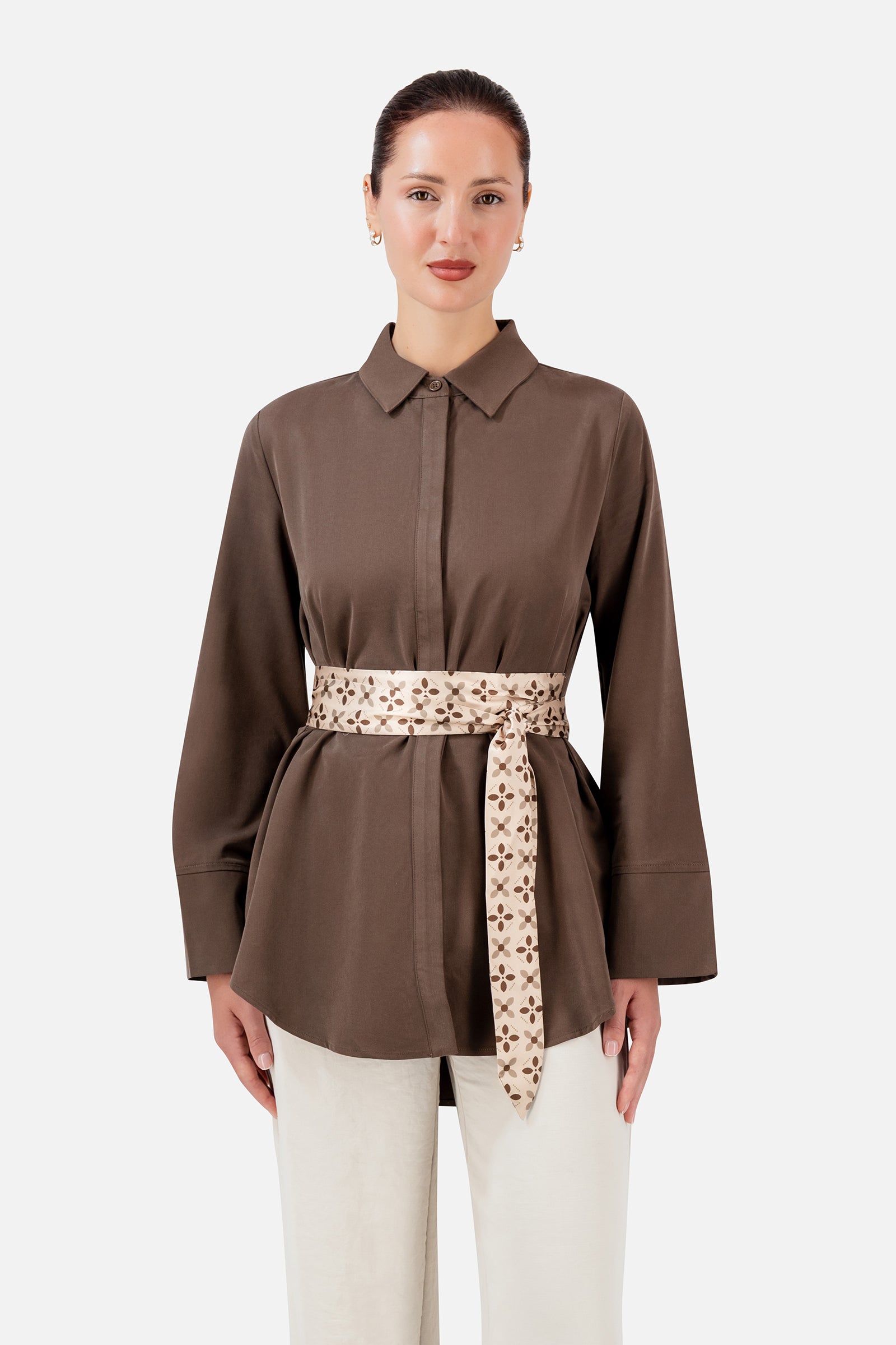 FARES Printed Wrap Belt Button Up in Mocha, a long-sleeve button-up shirt with a statement printed wrap belt that defines the waist.