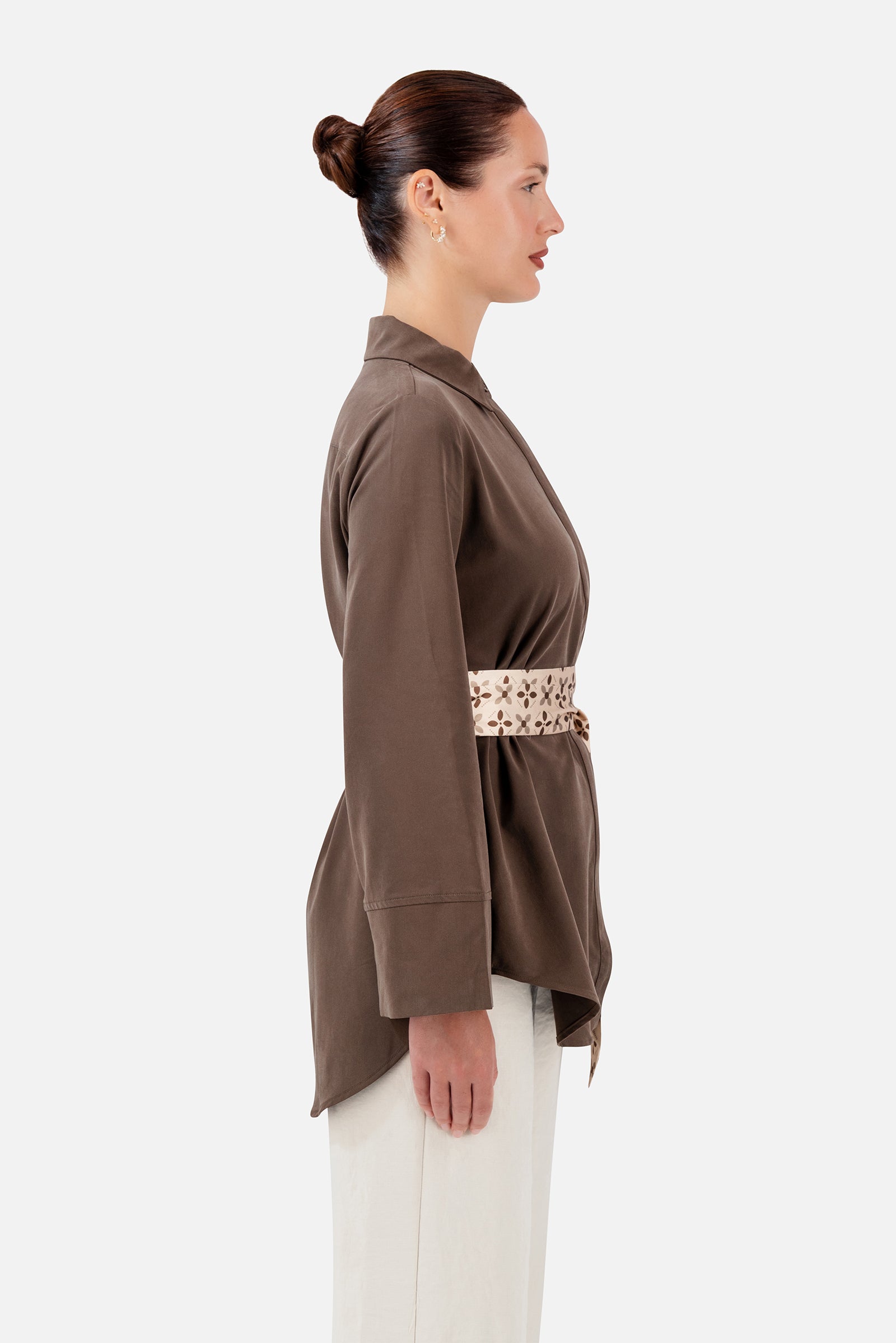 FARES Printed Wrap Belt Button Up in Mocha shown from the side, featuring the waist-defining printed belt and relaxed silhouette.