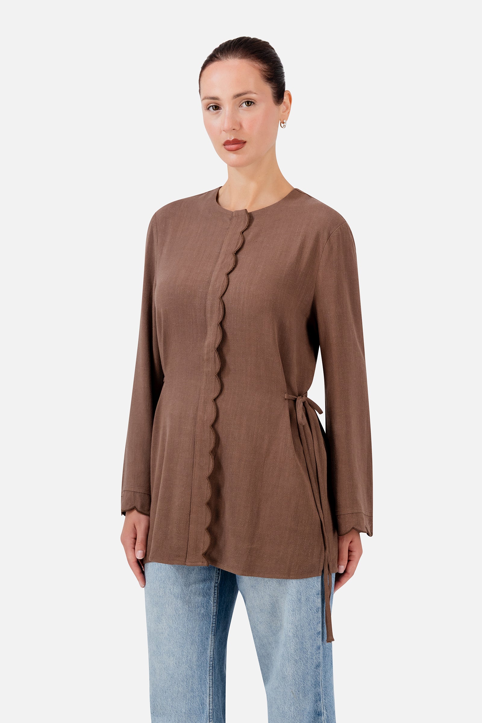 FARES Scalloped Detail Linen Blend Top in Fudge, a feminine linen top with delicate scalloped edges and adjustable side ties.