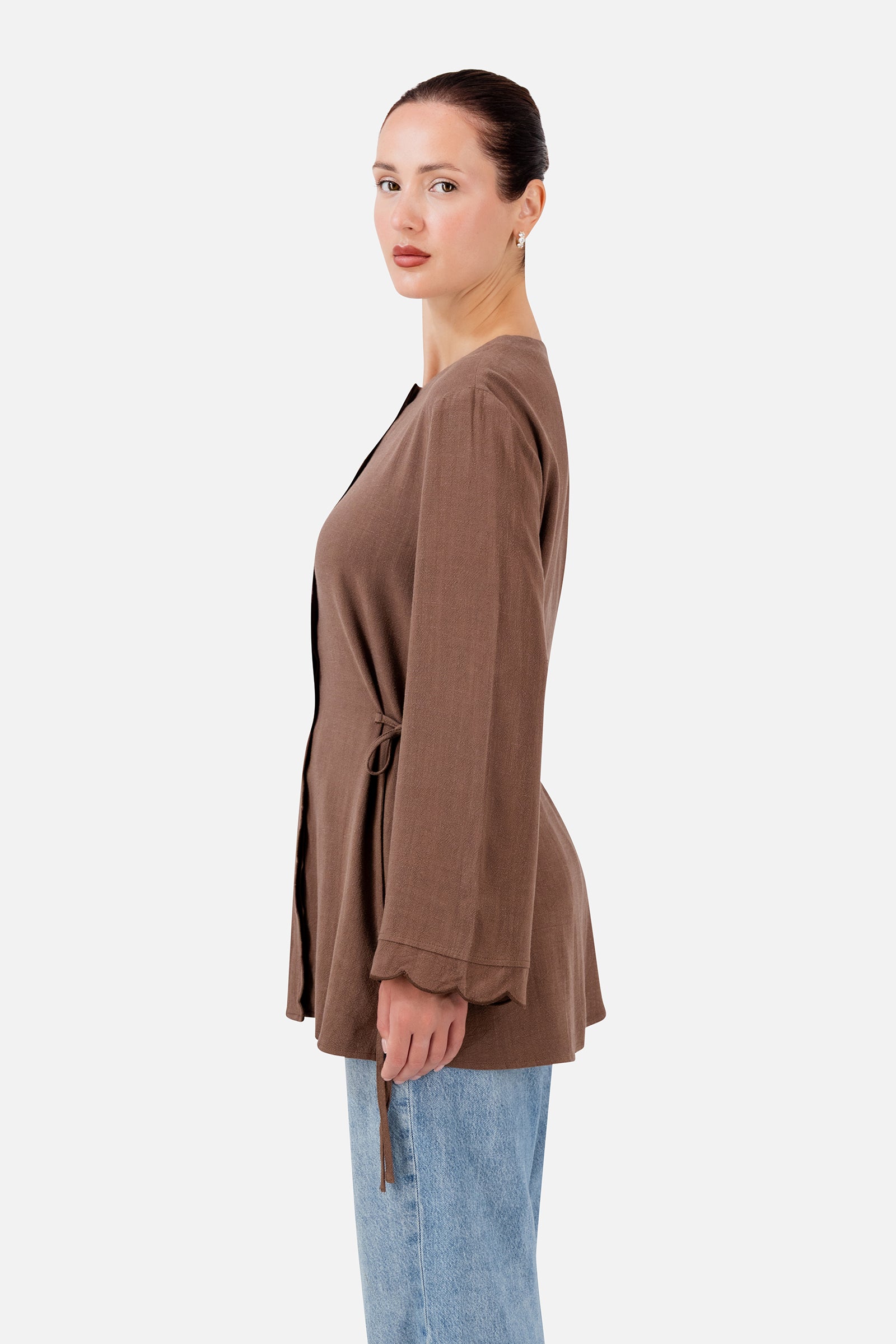 FARES Scalloped Detail Linen Blend Top in Fudge shown from the side, featuring the adjustable side ties and easy shape of this top for women.