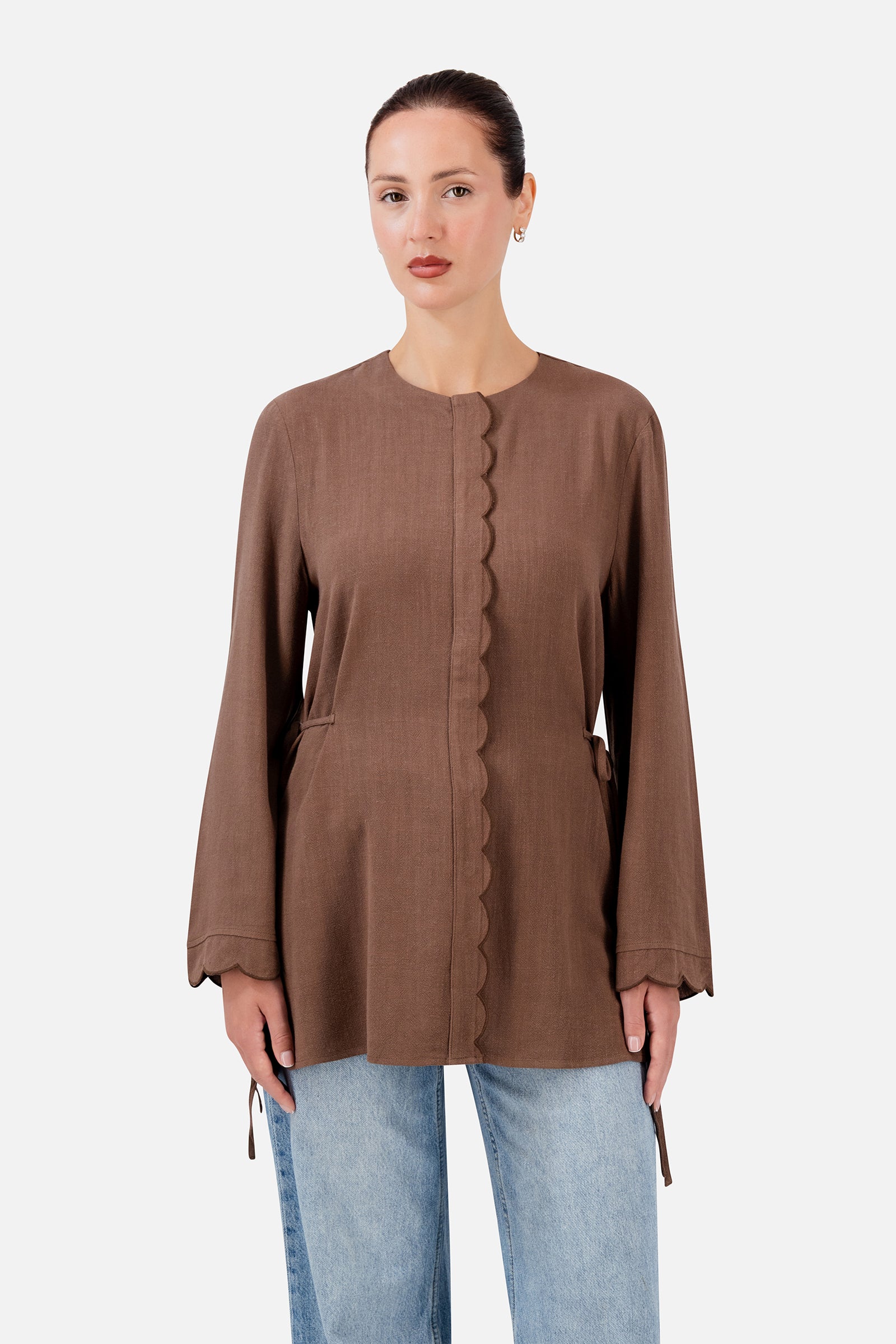 FARES Scalloped Detail Linen Blend Top in Fudge shown from the front, highlighting the scalloped trim and softly gathered side details.
