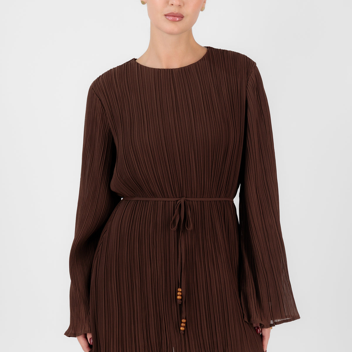 FARES Modest Long Sleeve Tunic Chocolate Brown | Plisse Style, Waist Tie Detail FARES Modest Long Sleeve Tunic Chocolate Brown | Plisse Style, Waist Tie Detail