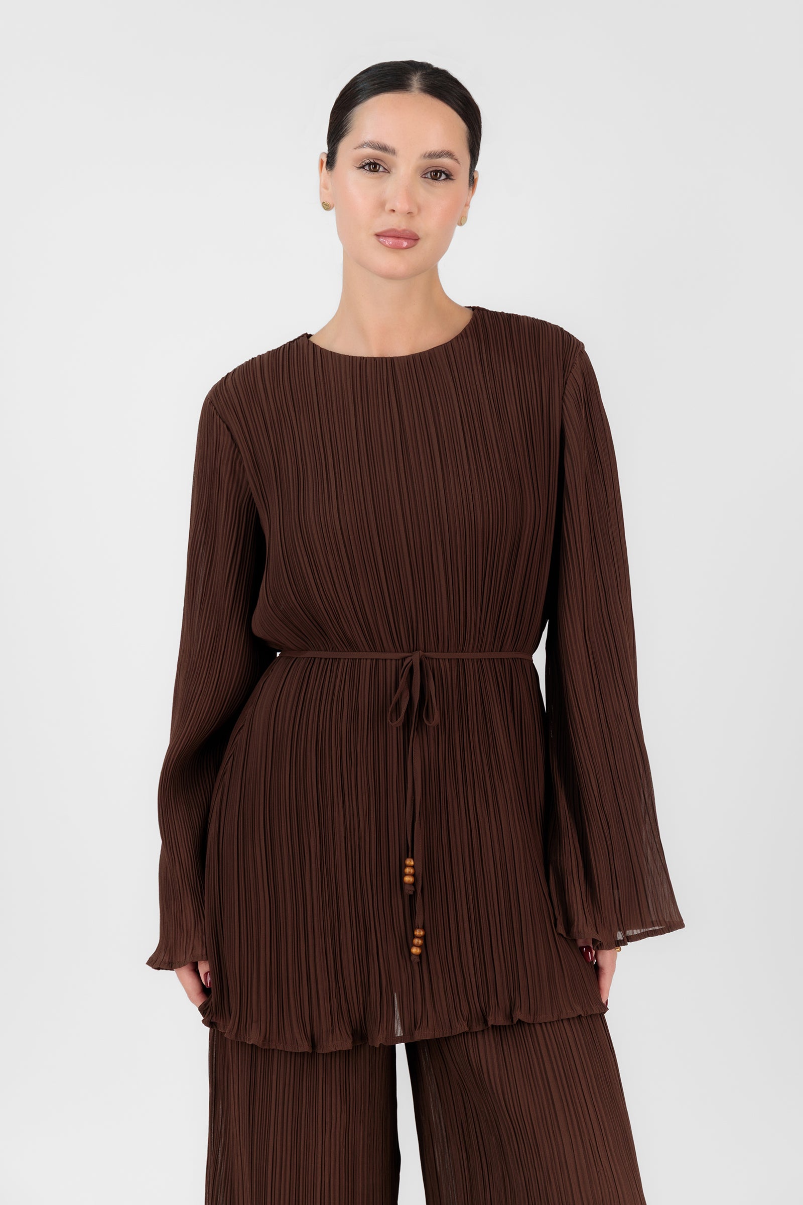 Plisse Tunic with Waist Tie - Brownie