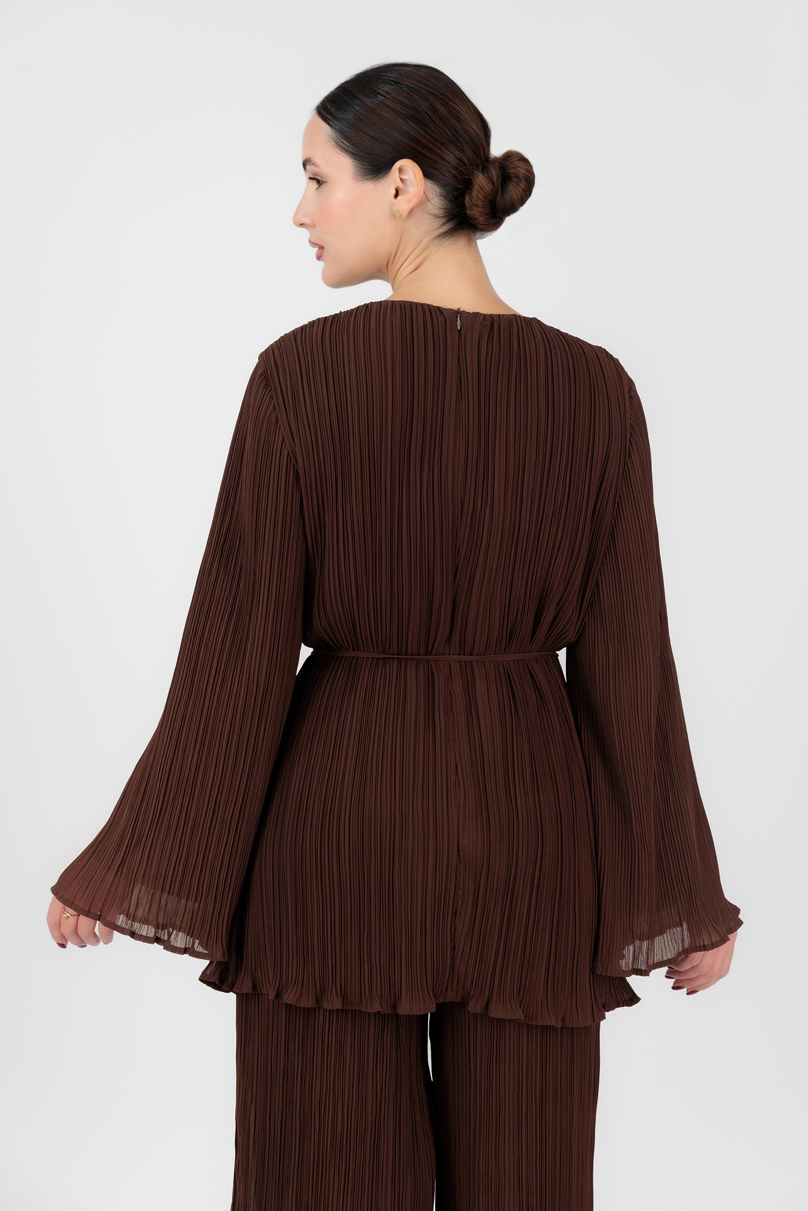 Plisse Tunic with Waist Tie - Brownie