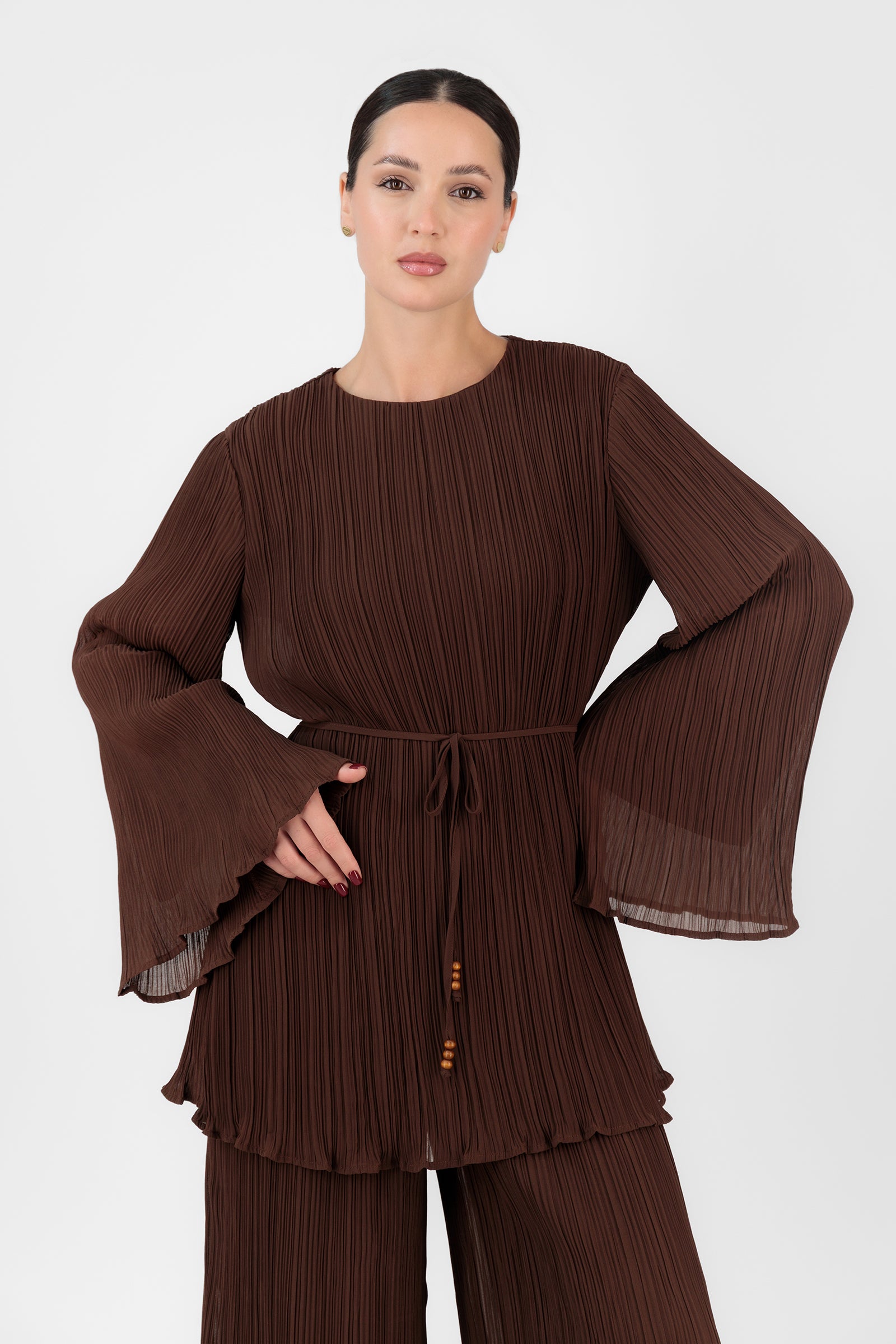 FARES Modest Long Sleeve Tunic – Chocolate Brown | Plisse Style