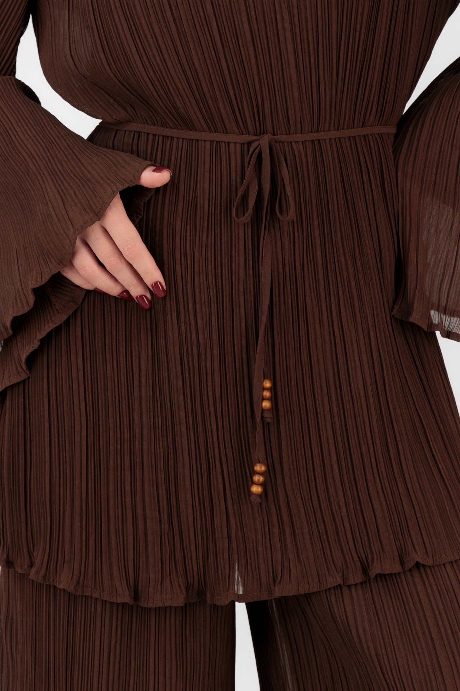 Plisse Tunic with Waist Tie - Brownie