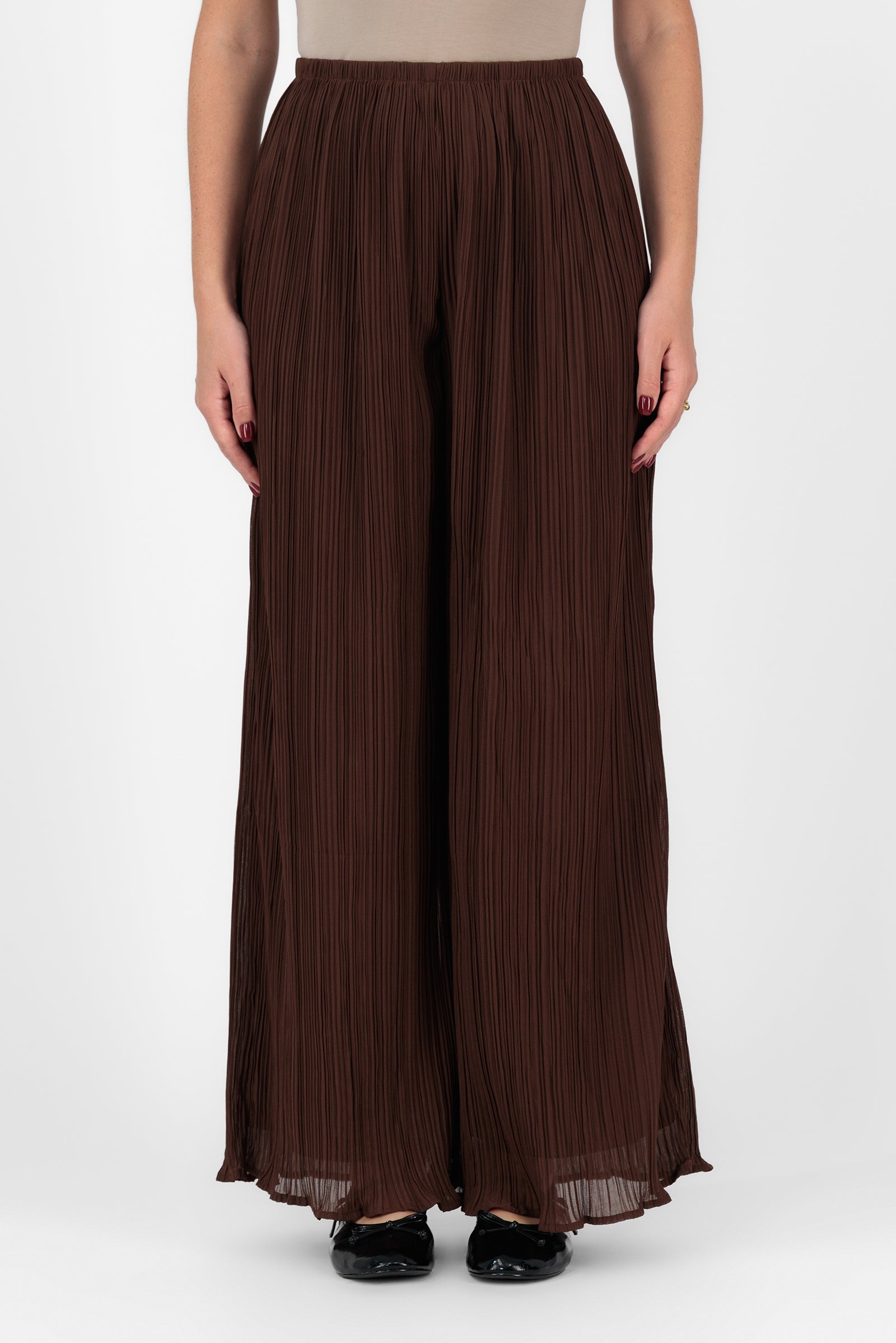 Flowy Wide Leg Pants - FARES - Deep Chocolate Brown - Plisse Style Flowy Wide Leg Pants - FARES - Deep Chocolate Brown - Plisse Style