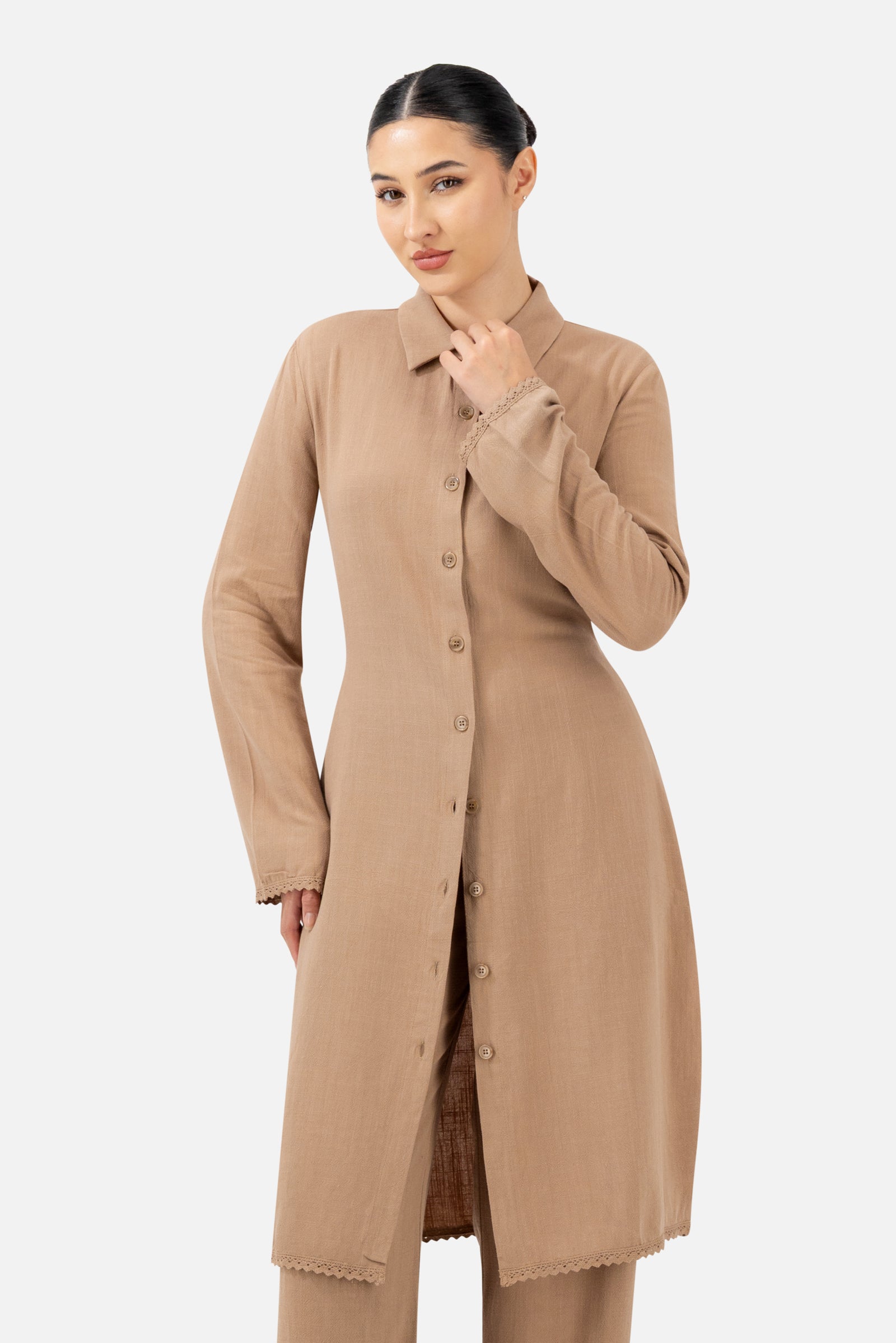FARES Lace Trim Longline Button-Up – Brownstone | Tunic Clothing